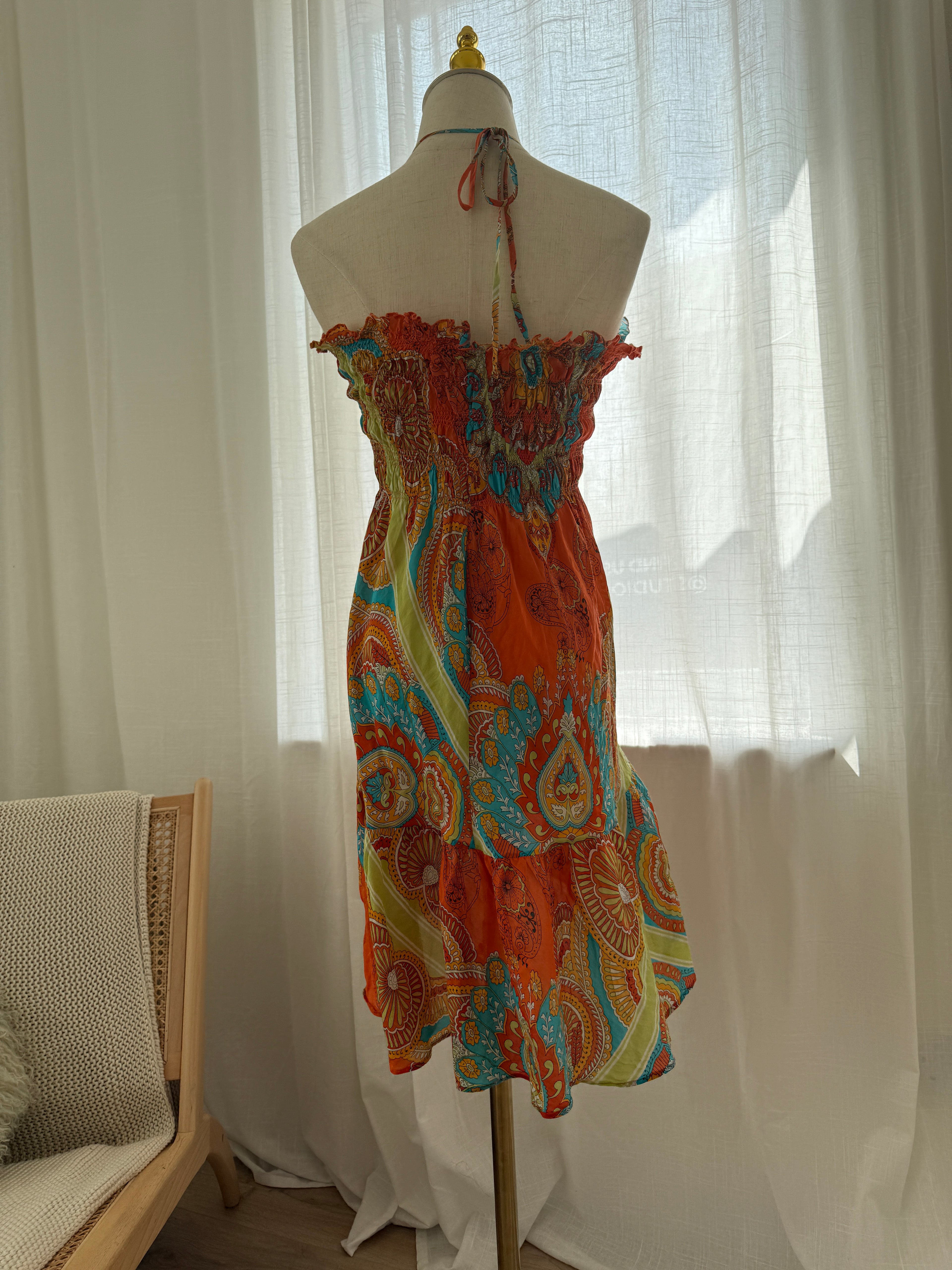 Joie Orange Printed Halterneck Mini Dress | Cotton Silk Ruffle Trim Tent Dress – Size S