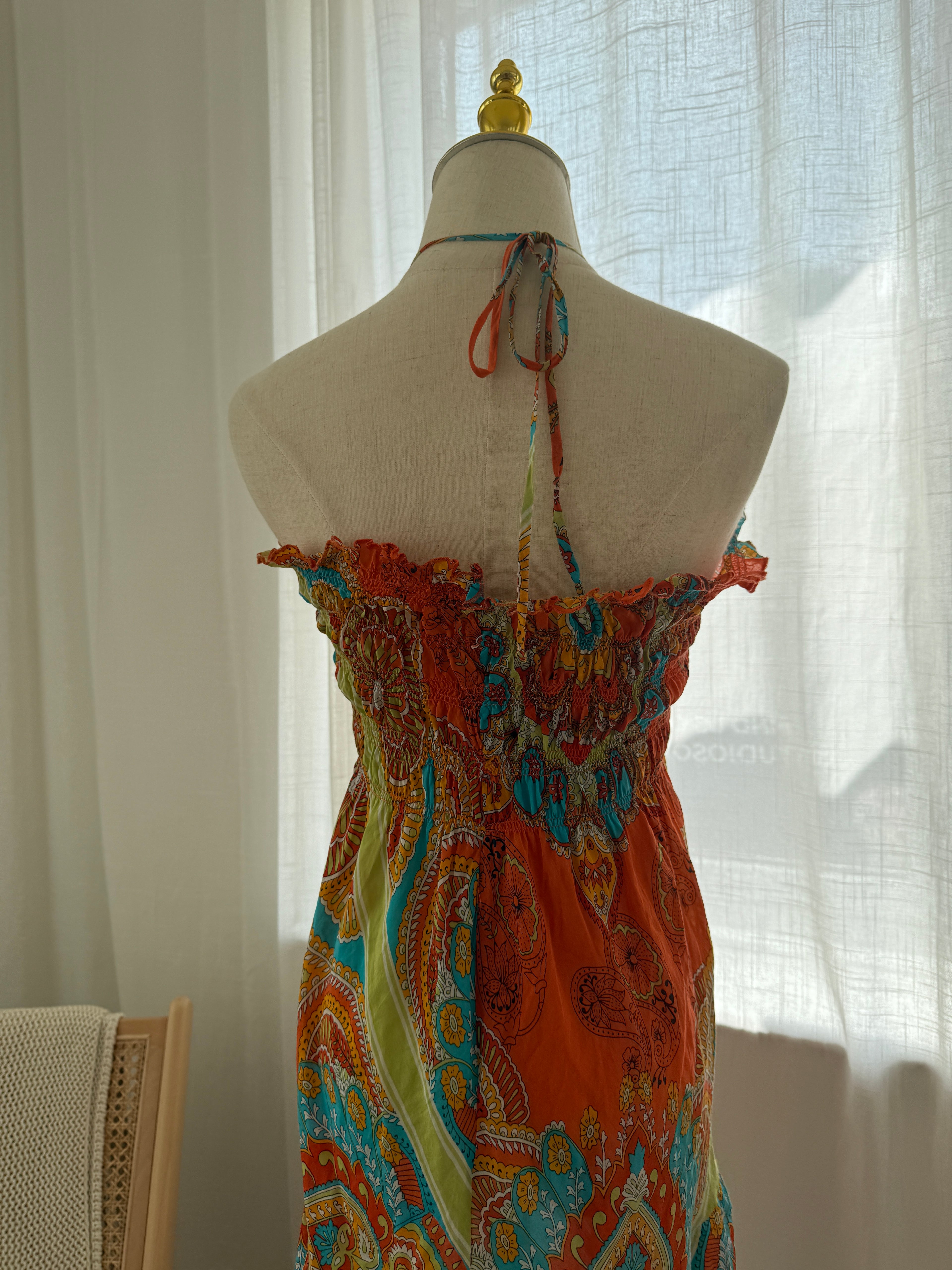 Joie Orange Printed Halterneck Mini Dress | Cotton Silk Ruffle Trim Tent Dress – Size S