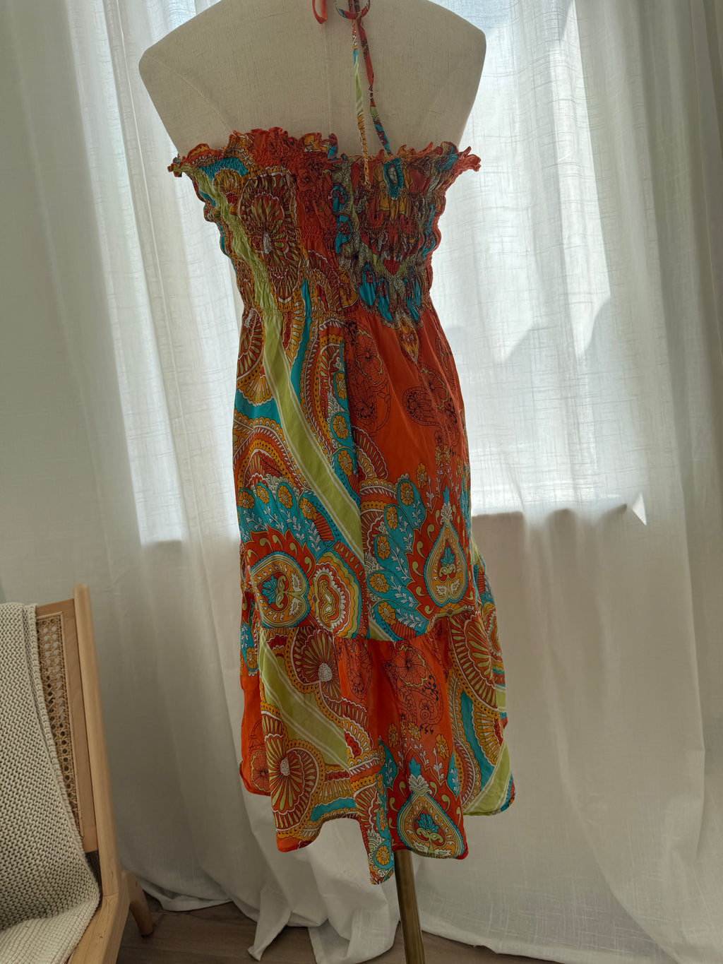 Joie Orange Printed Halterneck Mini Dress | Cotton Silk Ruffle Trim Tent Dress – Size S