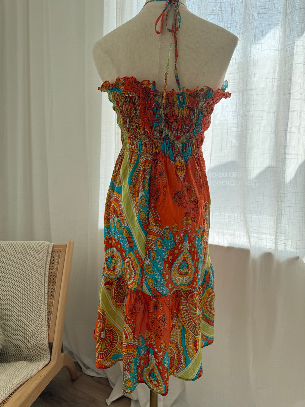 Joie Orange Printed Halterneck Mini Dress | Cotton Silk Ruffle Trim Tent Dress – Size S