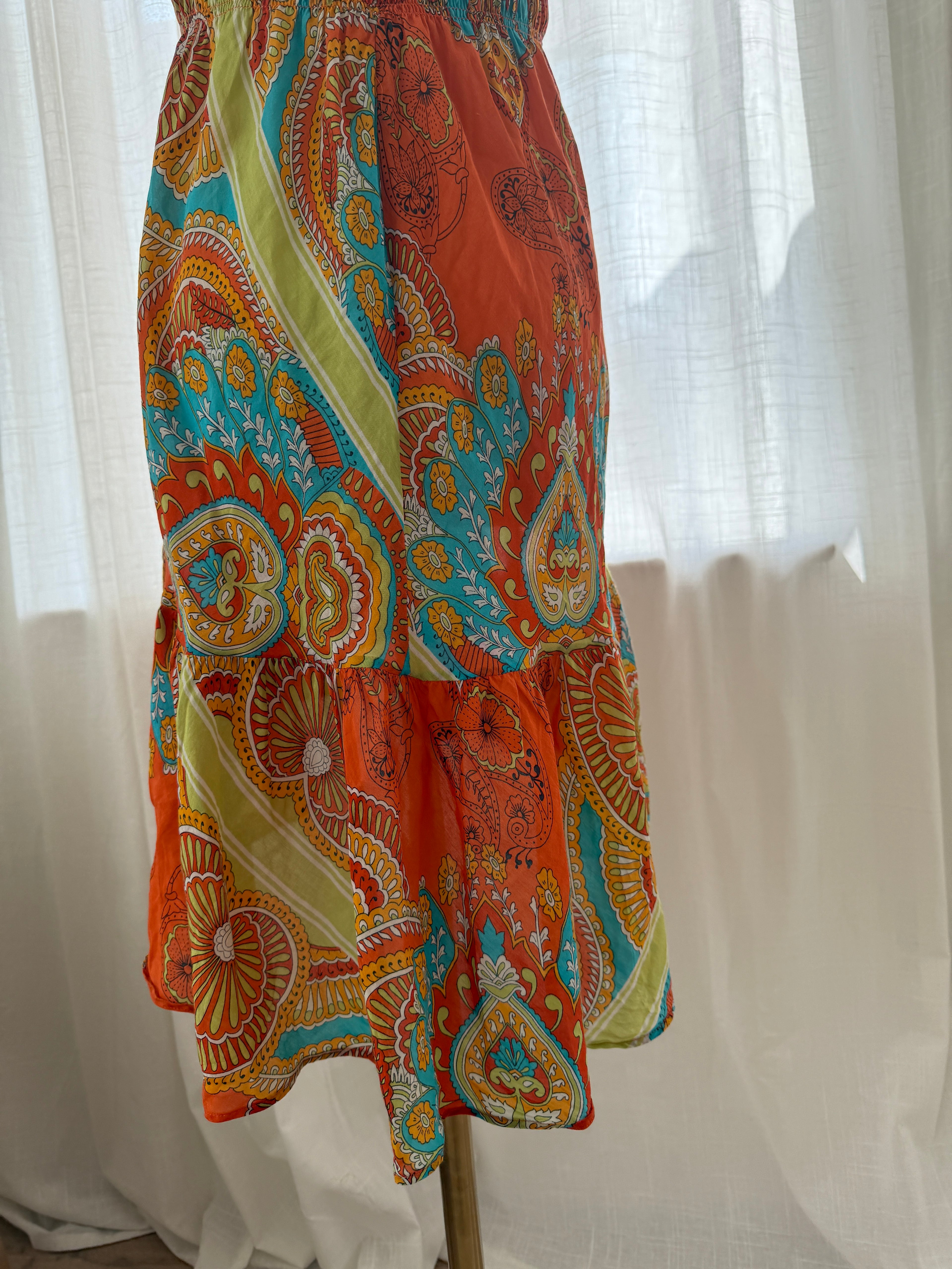 Joie Orange Printed Halterneck Mini Dress | Cotton Silk Ruffle Trim Tent Dress – Size S