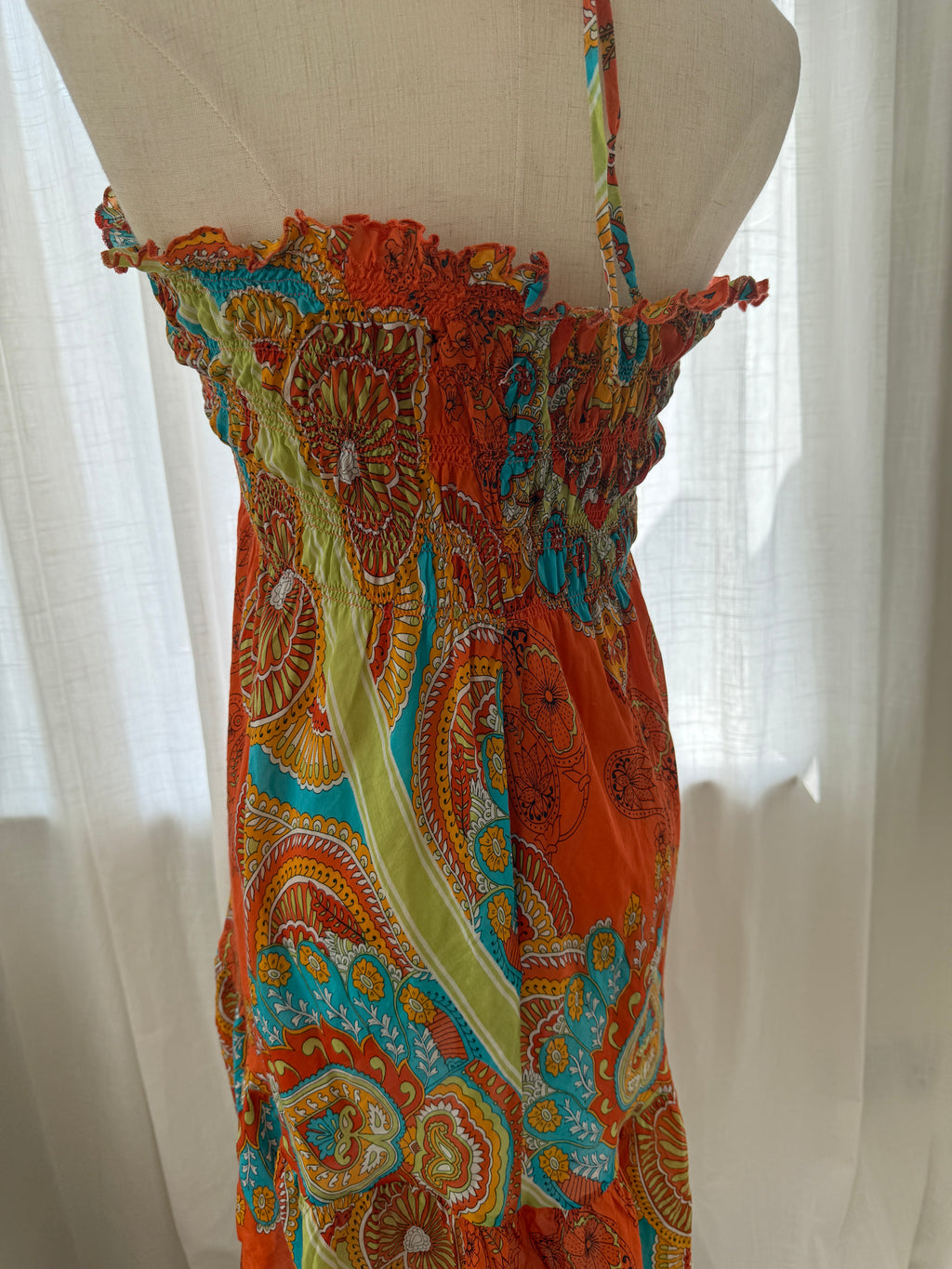 Joie Orange Printed Halterneck Mini Dress | Cotton Silk Ruffle Trim Tent Dress – Size S