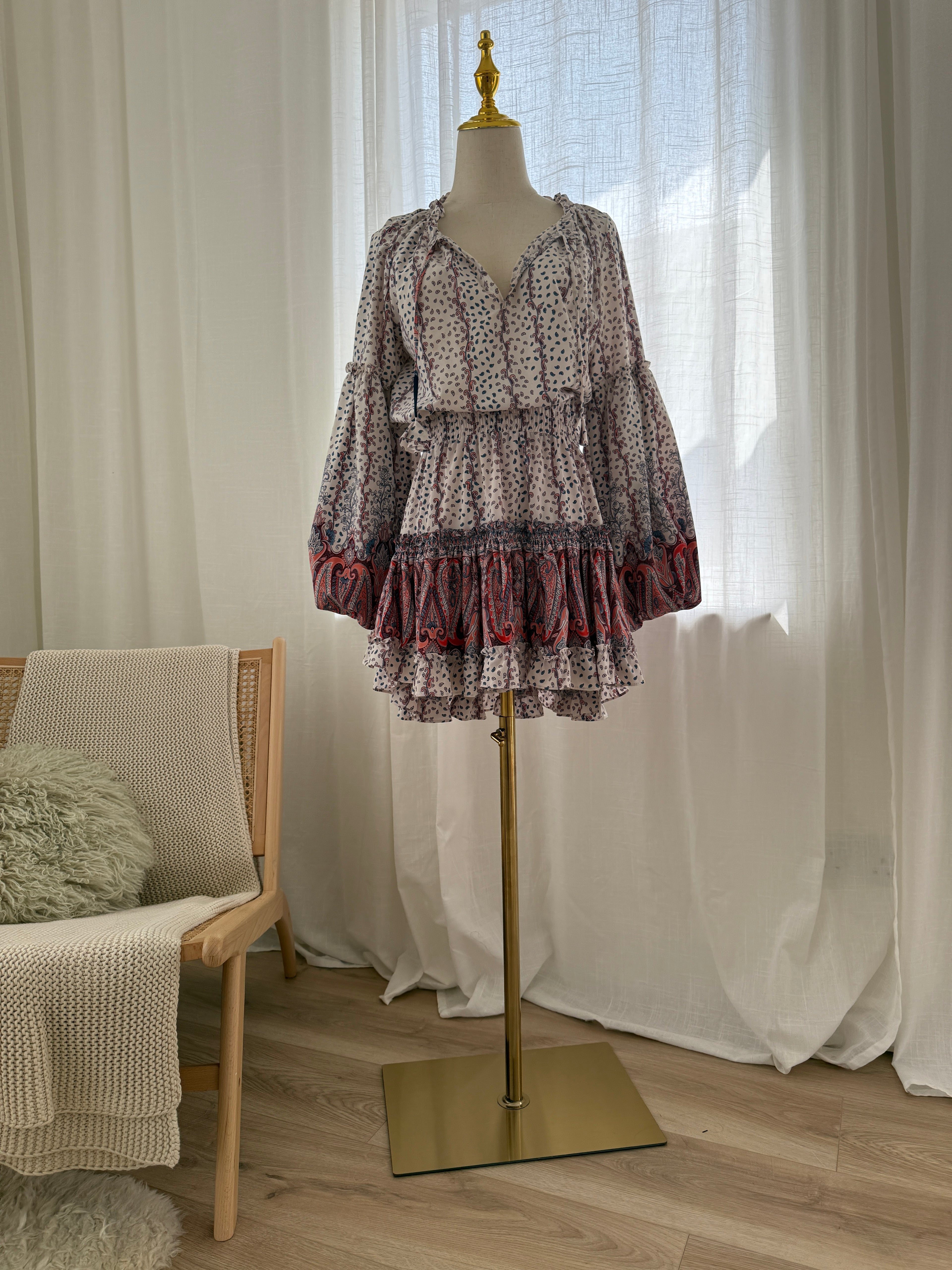 MISA Los Angeles Paisley Print Ruffle Mini Dress with Long Sleeves – Size M