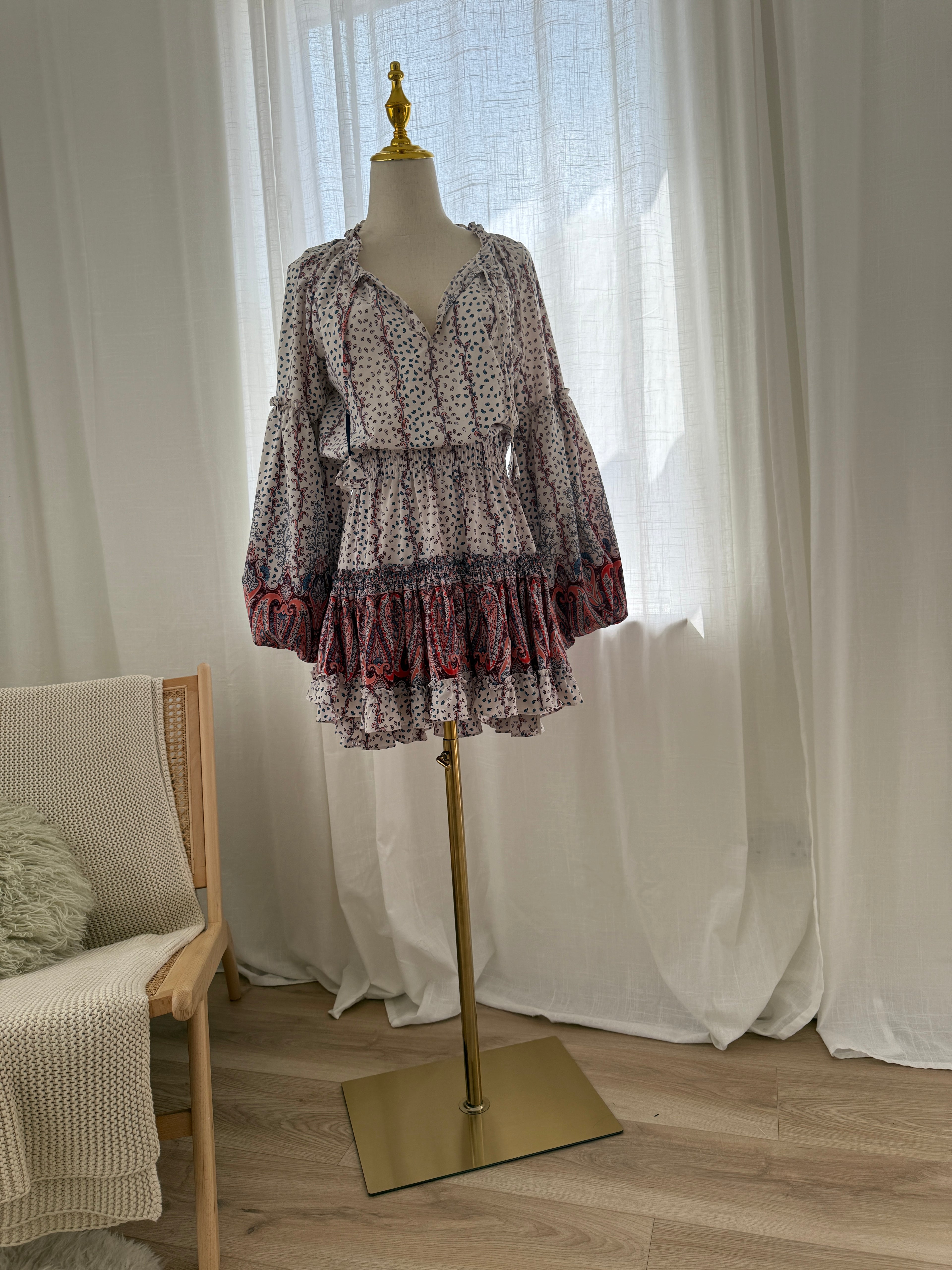 MISA Los Angeles Paisley Print Ruffle Mini Dress with Long Sleeves – Size M