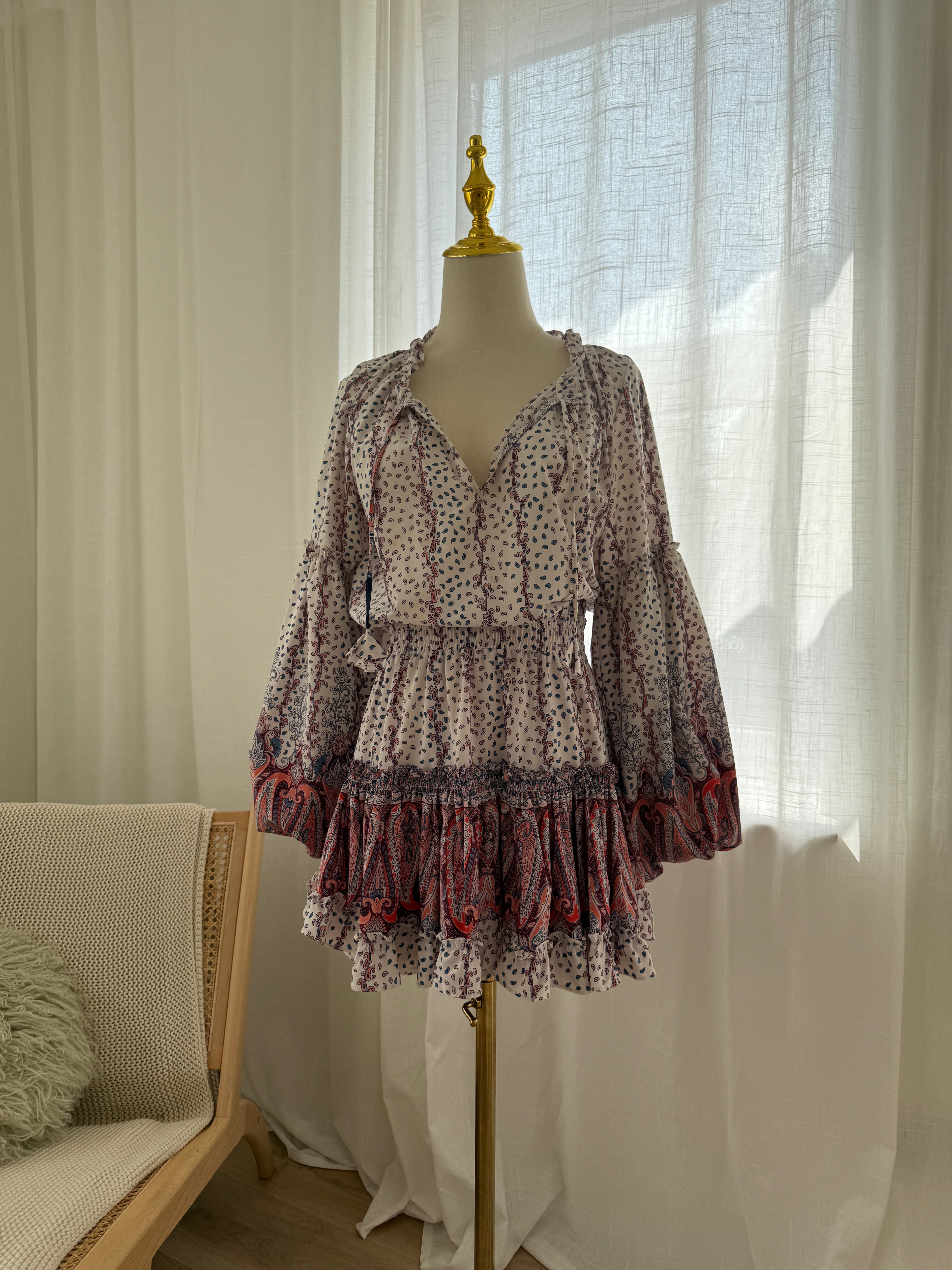 MISA Los Angeles Paisley Print Ruffle Mini Dress with Long Sleeves – Size M