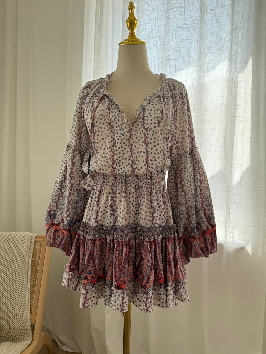 MISA Los Angeles Paisley Print Ruffle Mini Dress with Long Sleeves – Size M