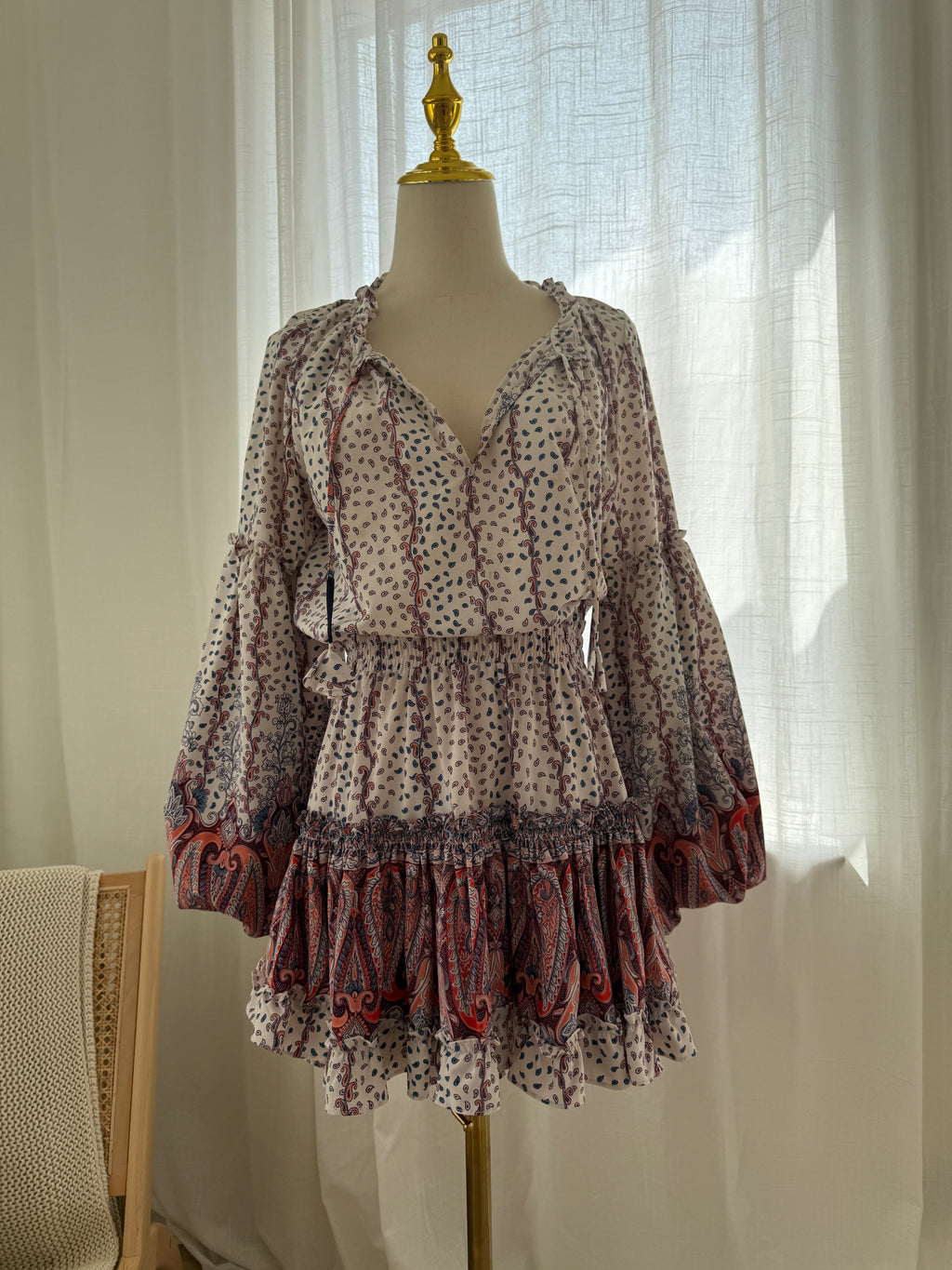 MISA Los Angeles Paisley Print Ruffle Mini Dress with Long Sleeves – Size M