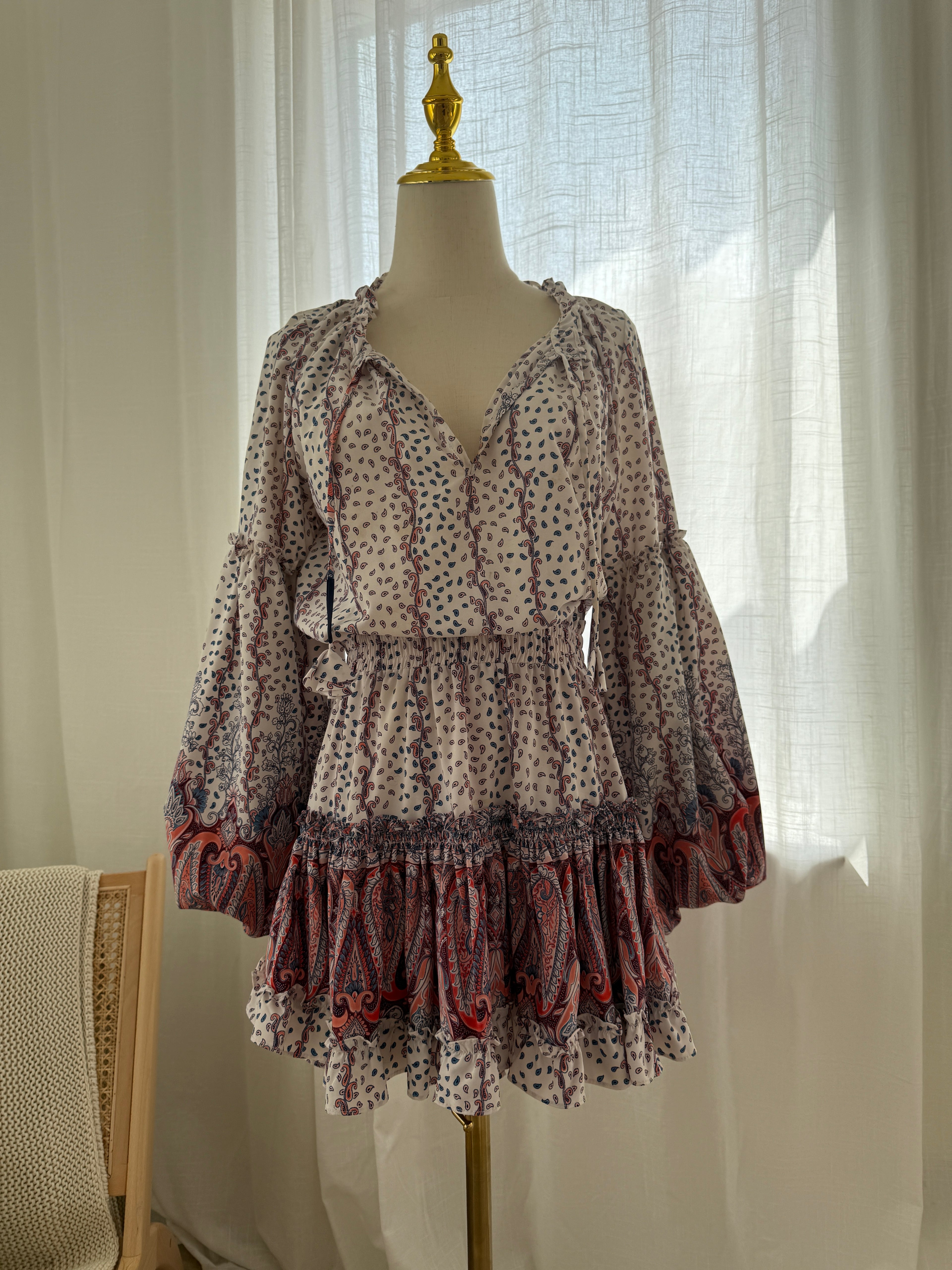 MISA Los Angeles Paisley Print Ruffle Mini Dress with Long Sleeves – Size M