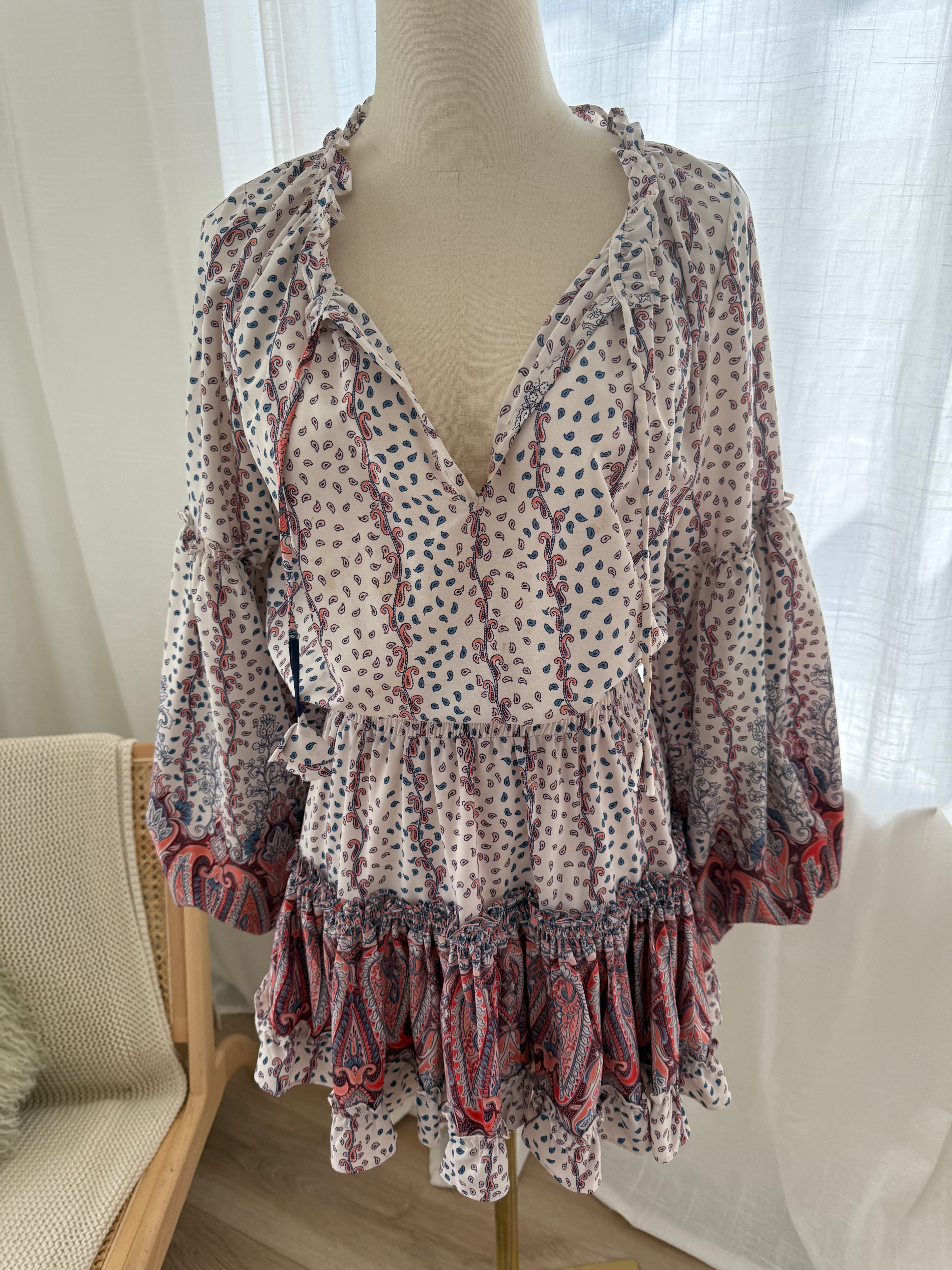 MISA Los Angeles Paisley Print Ruffle Mini Dress with Long Sleeves – Size M