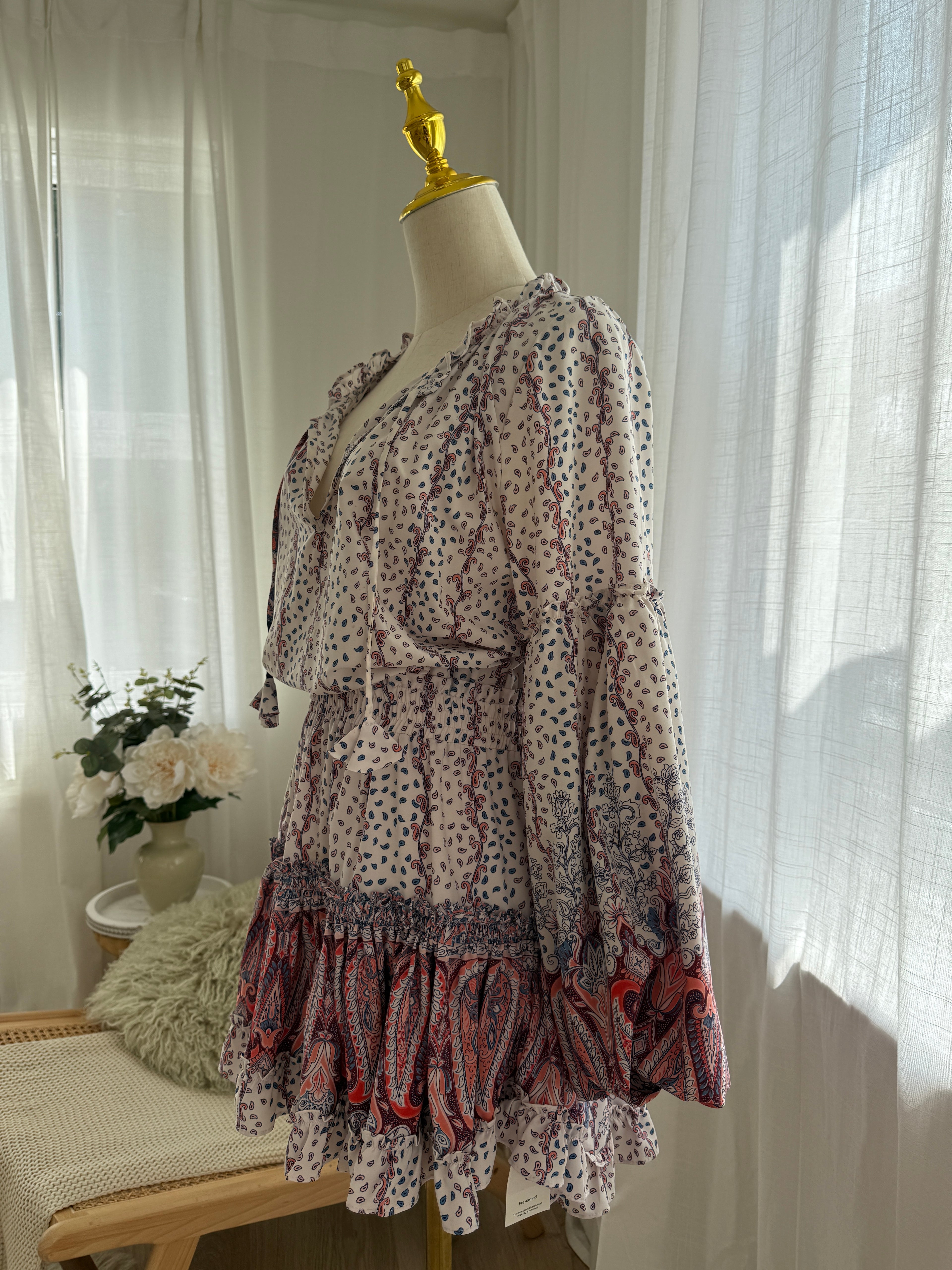 MISA Los Angeles Paisley Print Ruffle Mini Dress with Long Sleeves – Size M