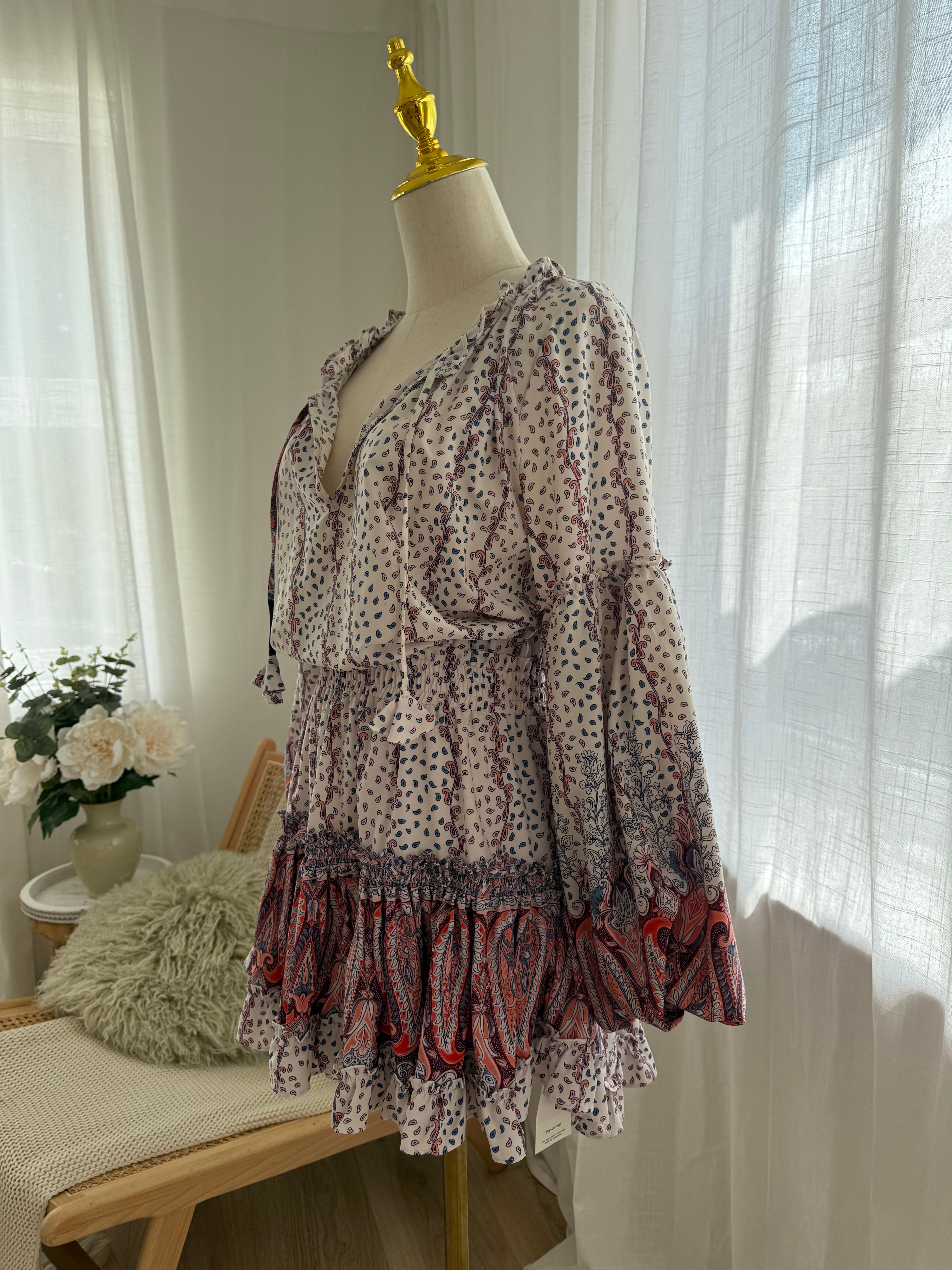 MISA Los Angeles Paisley Print Ruffle Mini Dress with Long Sleeves – Size M