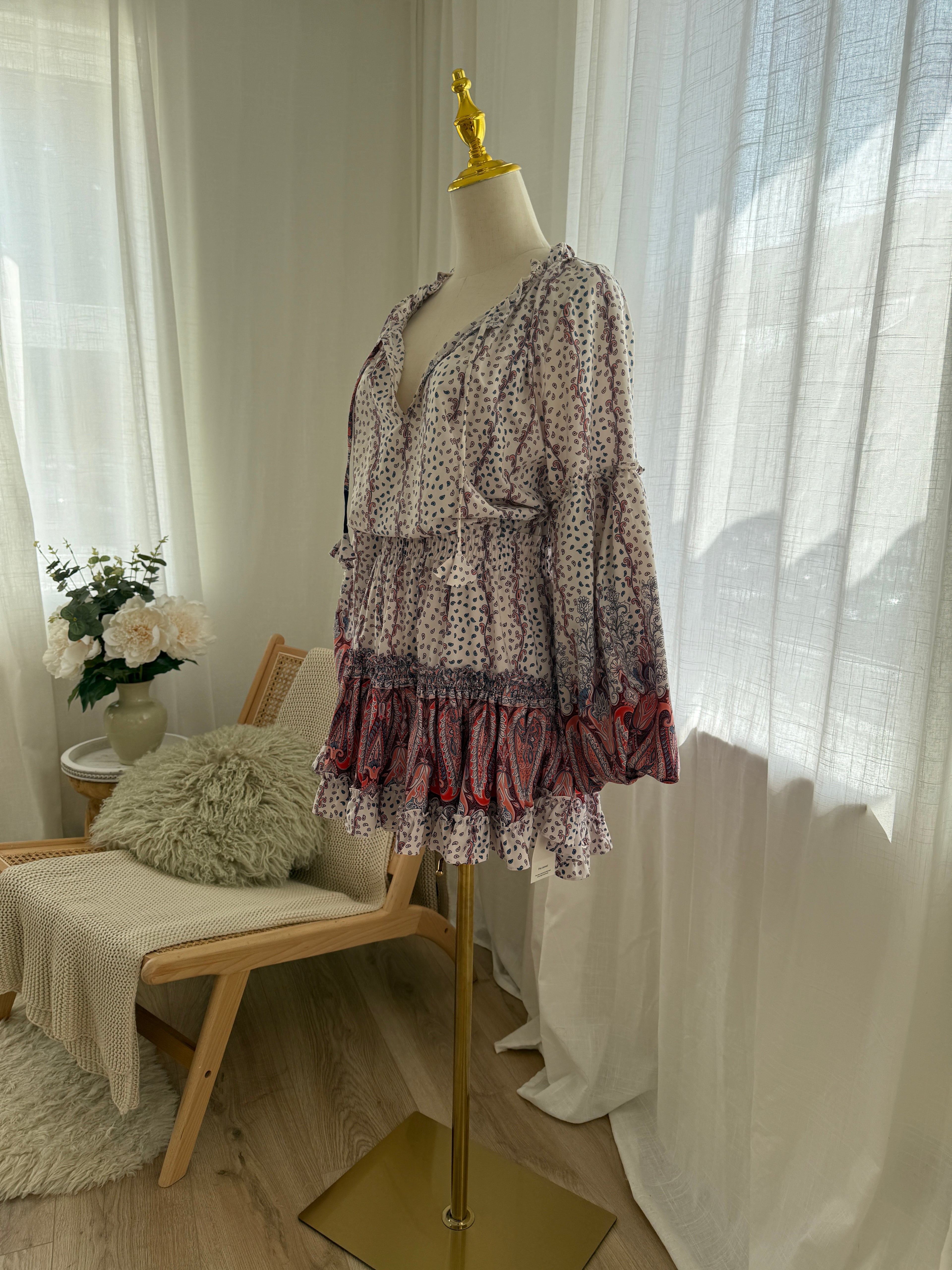 MISA Los Angeles Paisley Print Ruffle Mini Dress with Long Sleeves – Size M