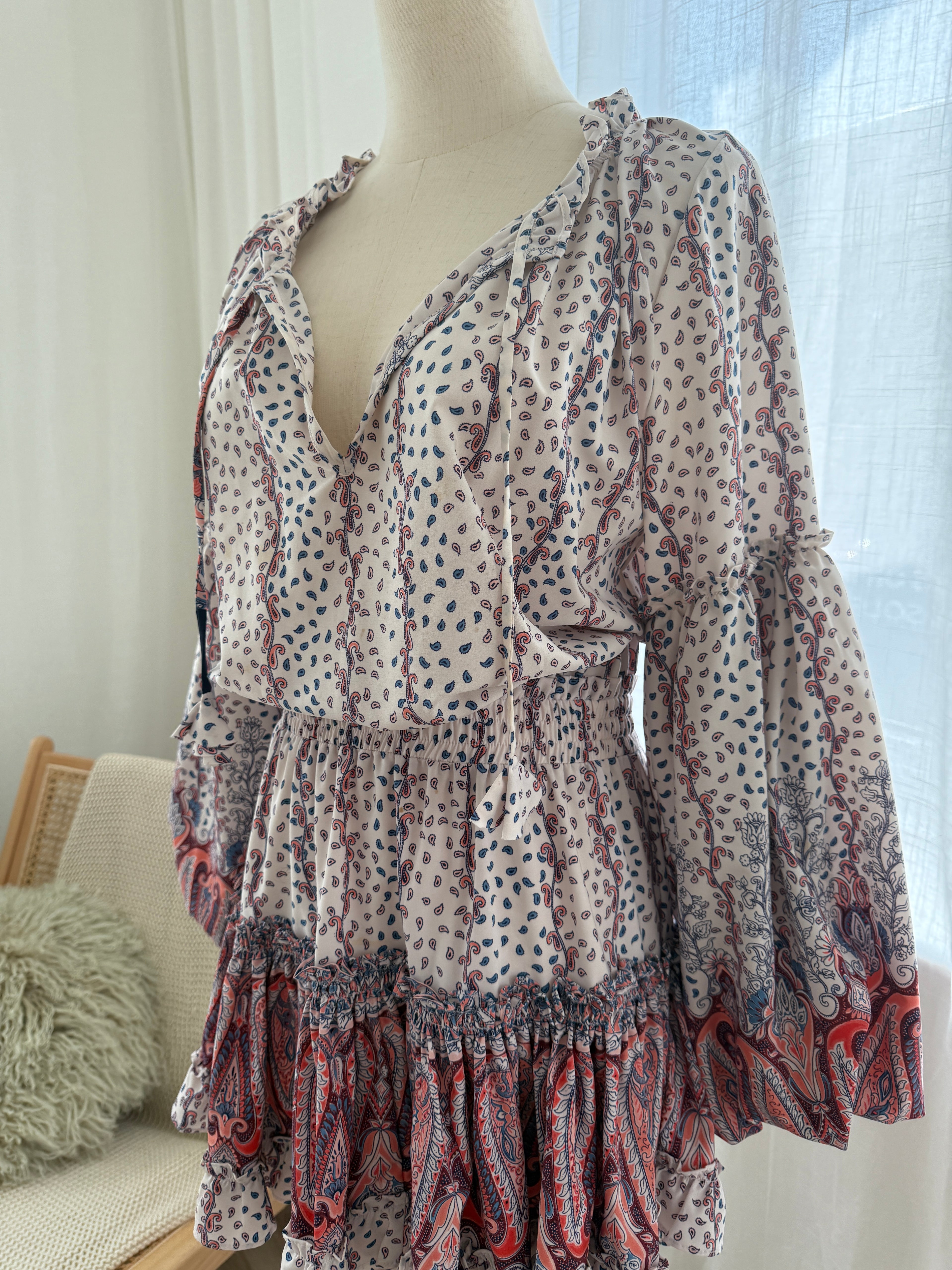 MISA Los Angeles Paisley Print Ruffle Mini Dress with Long Sleeves – Size M
