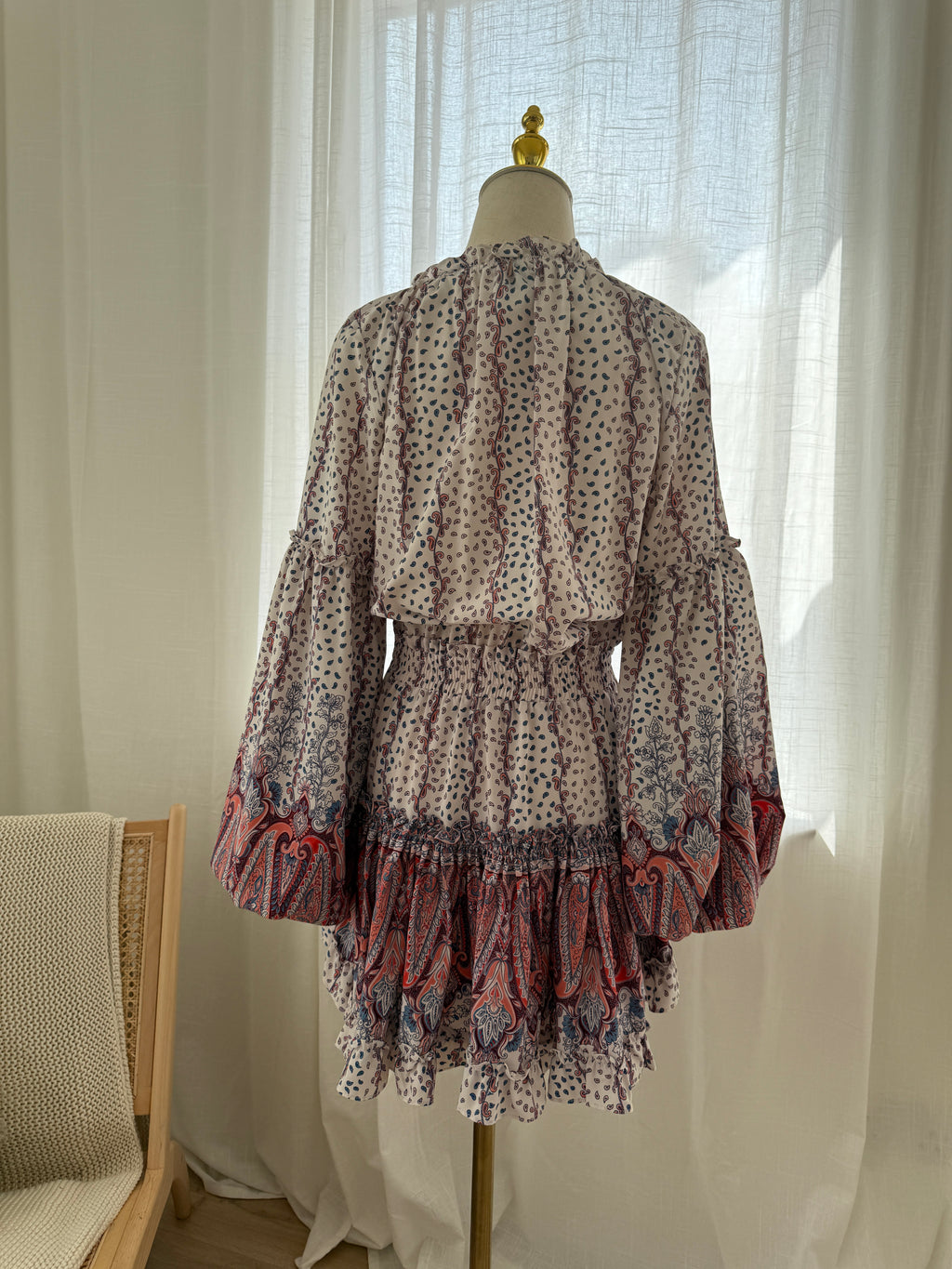 MISA Los Angeles Paisley Print Ruffle Mini Dress with Long Sleeves – Size M