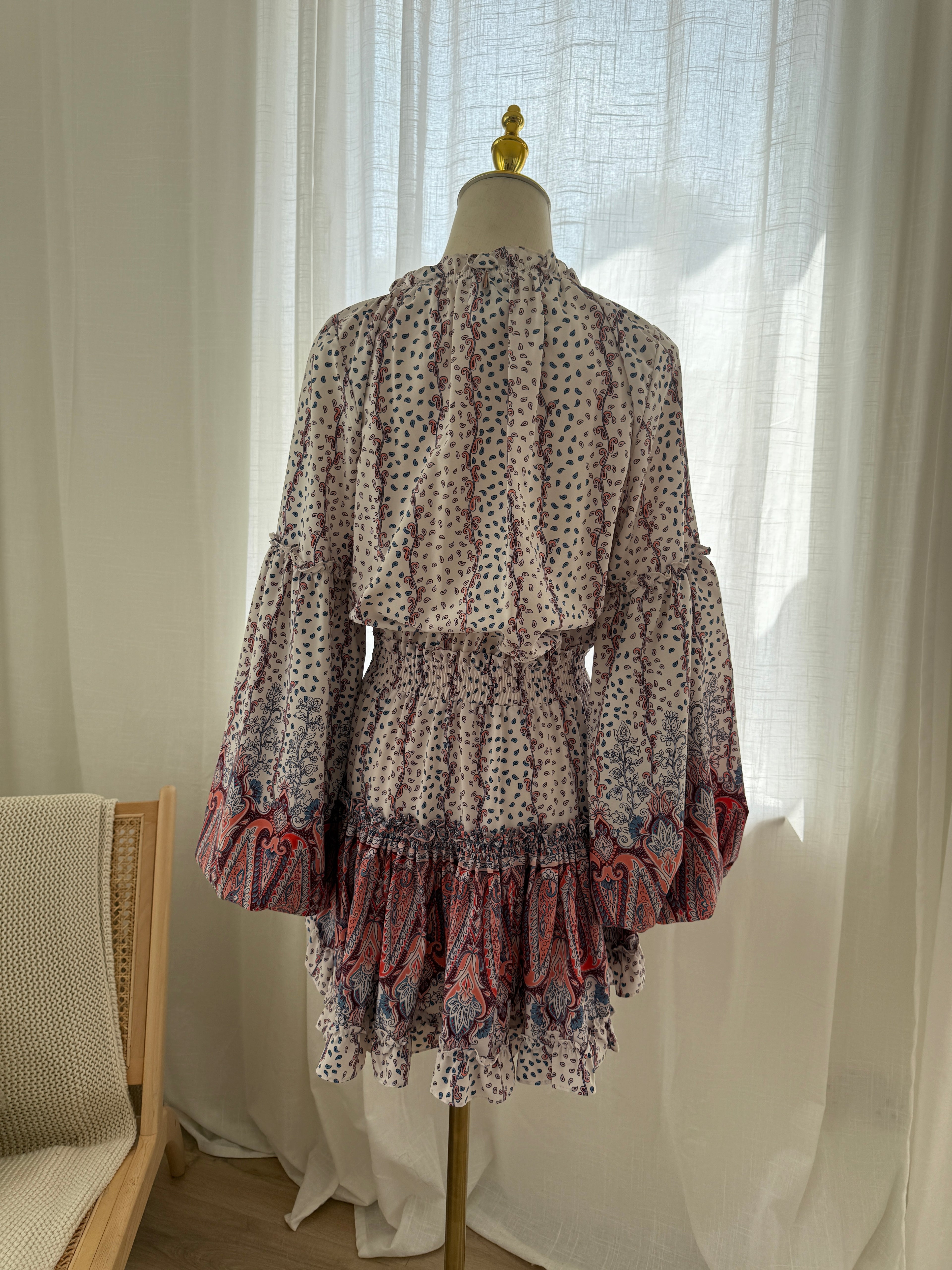 MISA Los Angeles Paisley Print Ruffle Mini Dress with Long Sleeves – Size M