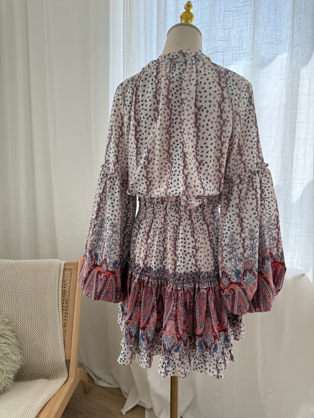 MISA Los Angeles Paisley Print Ruffle Mini Dress with Long Sleeves – Size M
