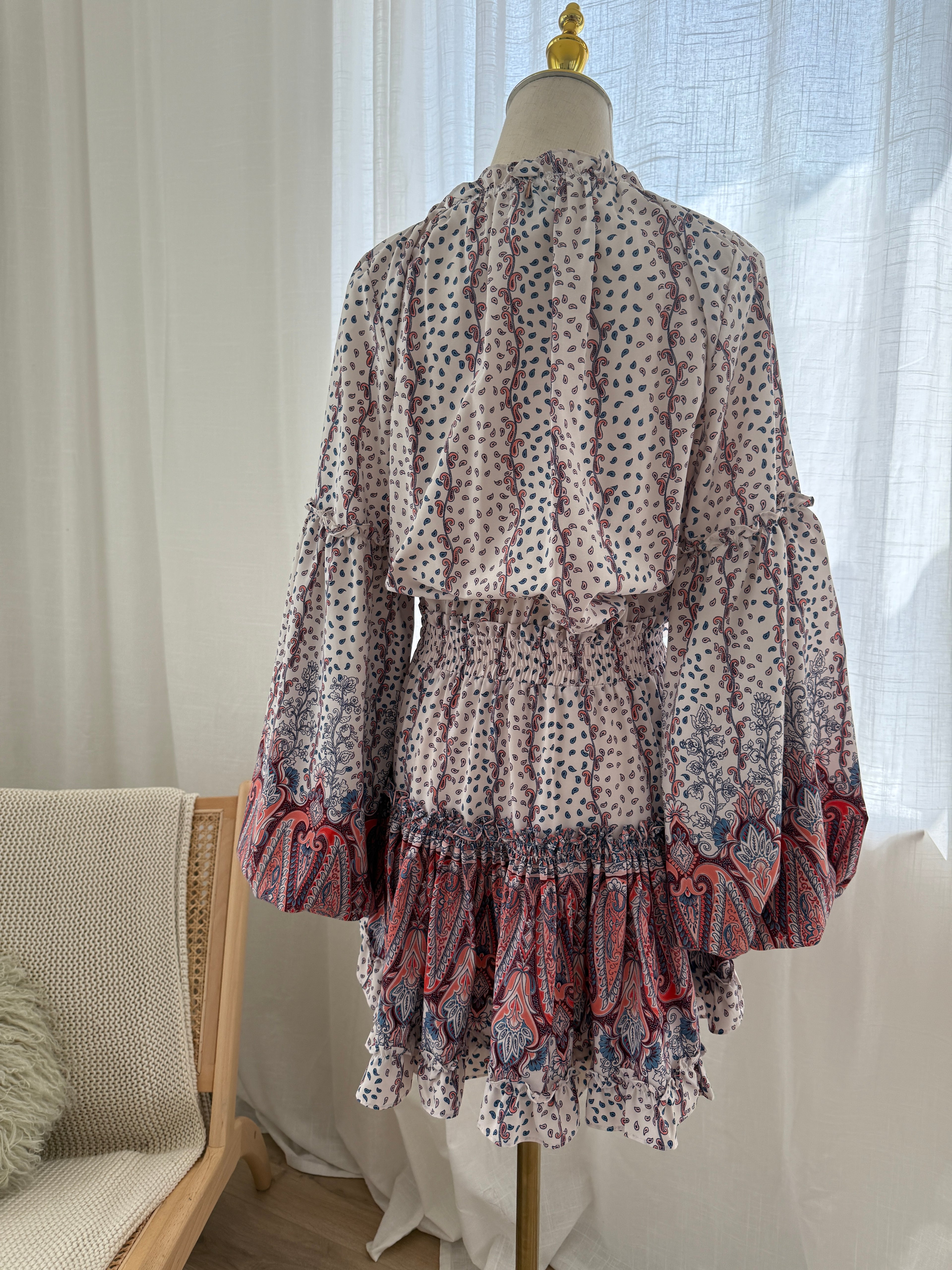 MISA Los Angeles Paisley Print Ruffle Mini Dress with Long Sleeves – Size M
