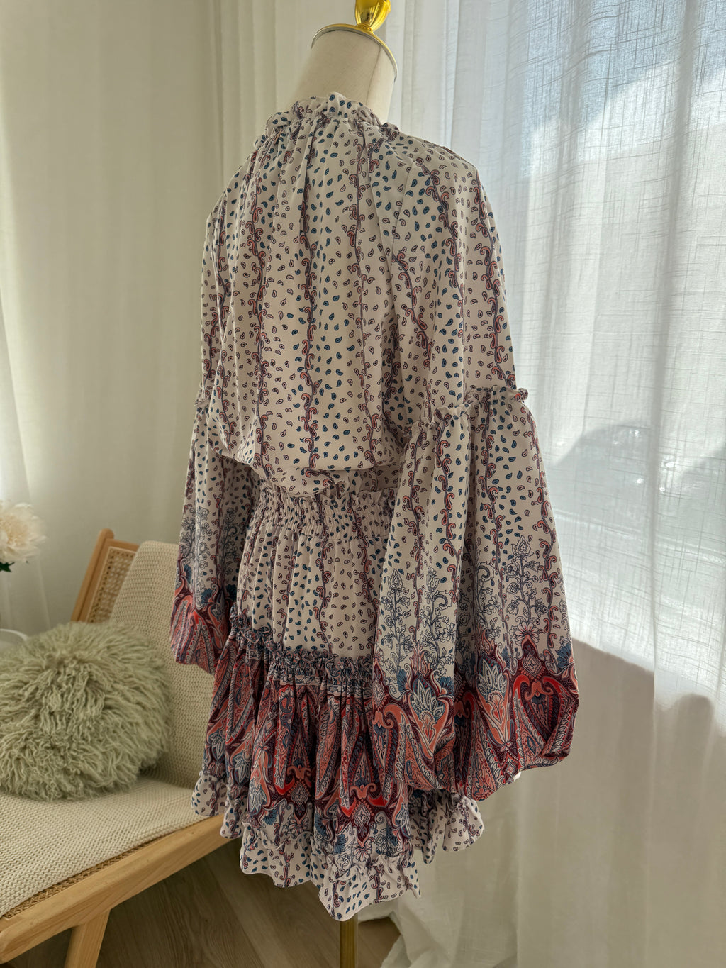 MISA Los Angeles Paisley Print Ruffle Mini Dress with Long Sleeves – Size M