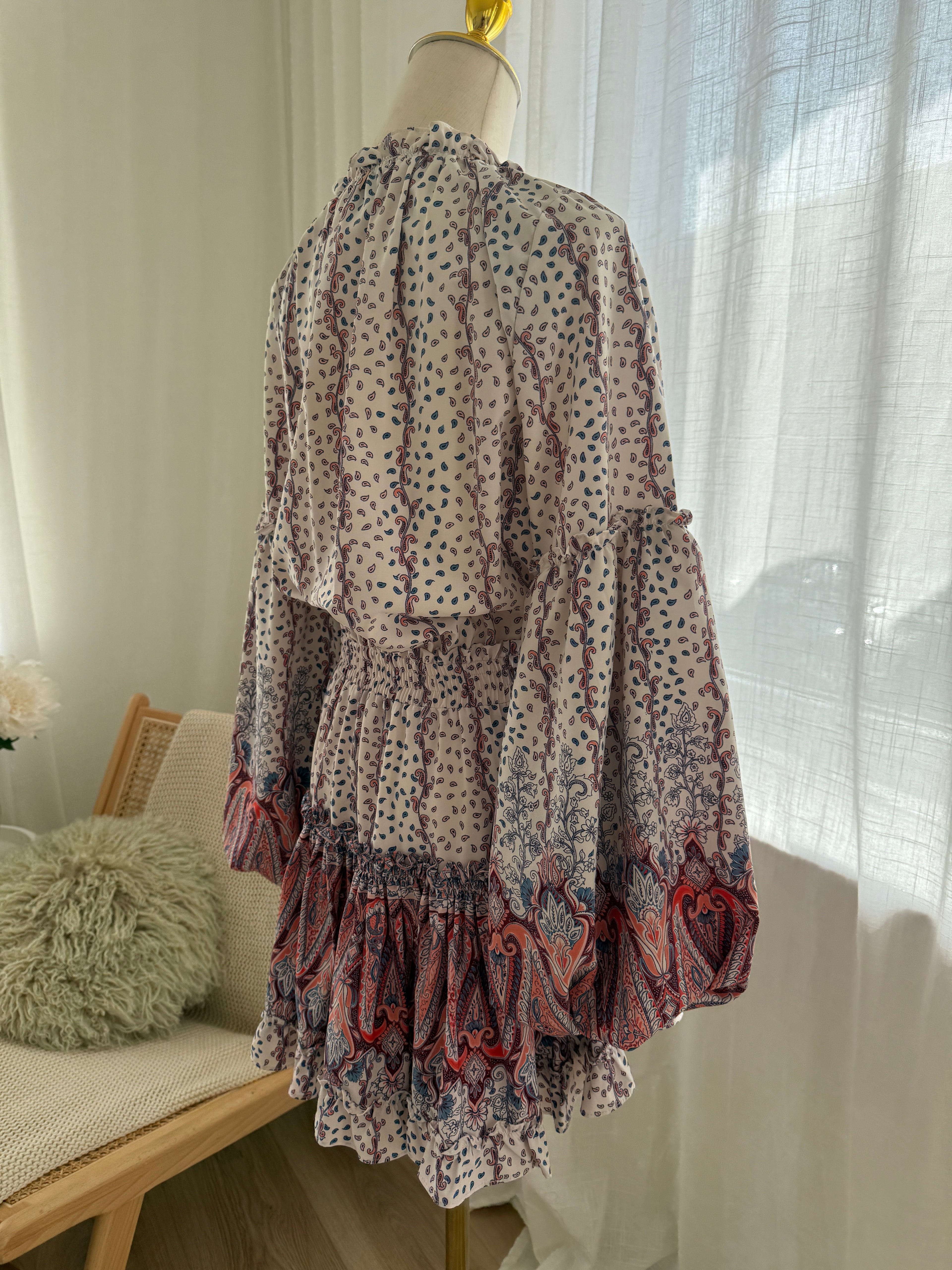 MISA Los Angeles Paisley Print Ruffle Mini Dress with Long Sleeves – Size M