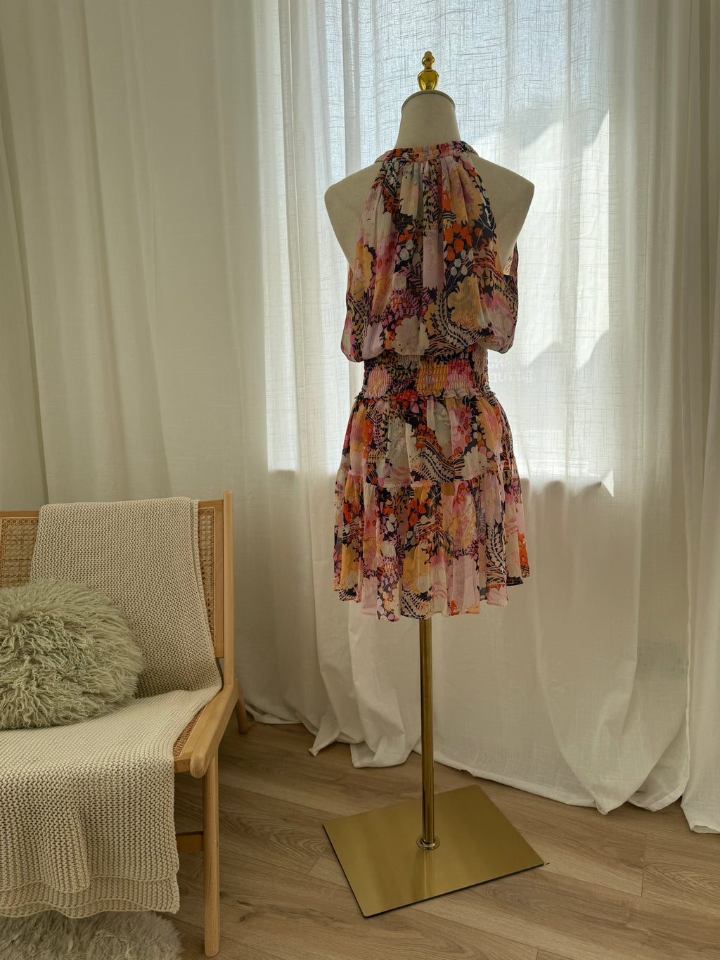 A.L.C. Silk Floral Halterneck Mini Dress with Ruffle Accents – Size M
