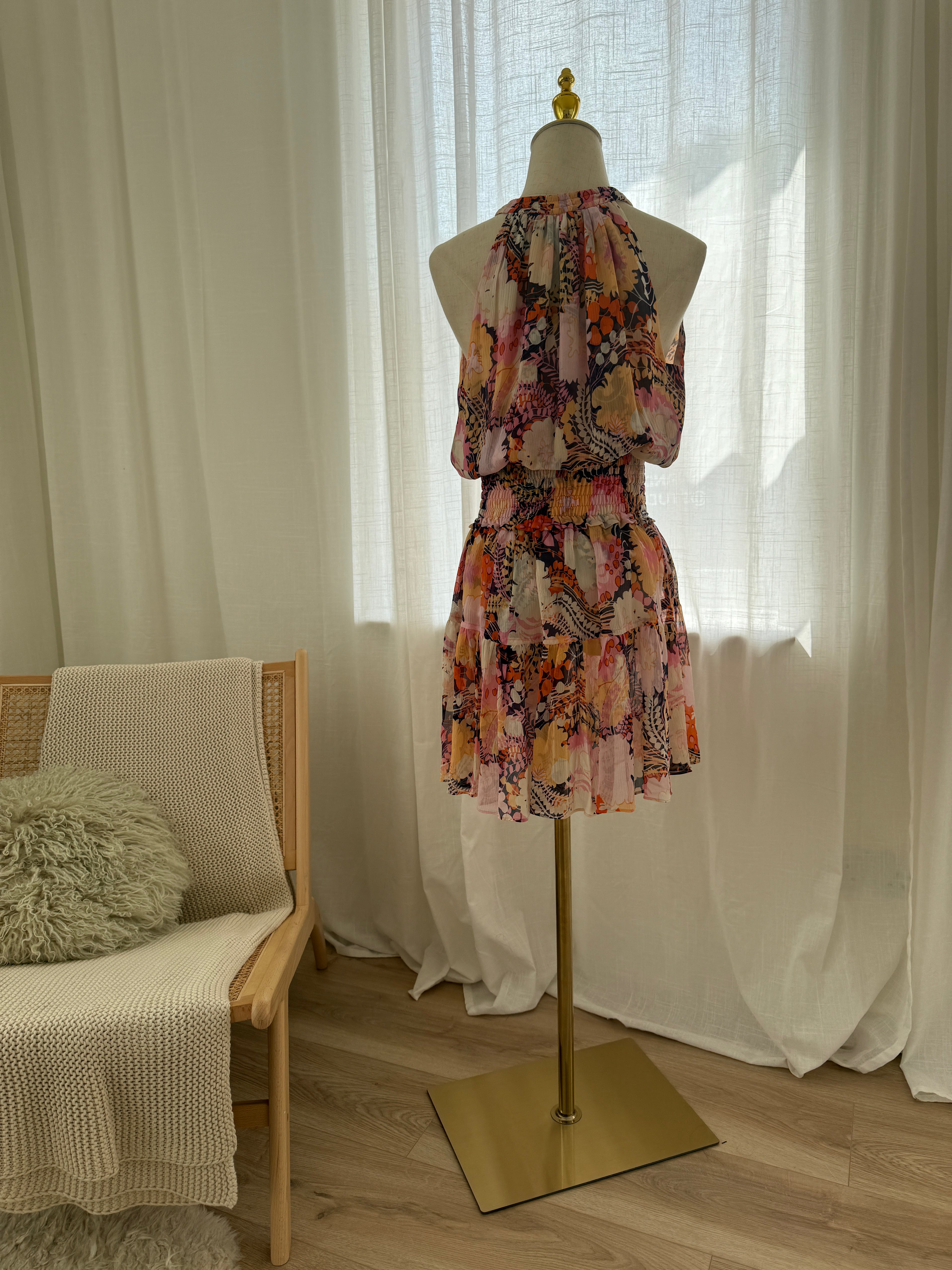 A.L.C. Silk Floral Halterneck Mini Dress with Ruffle Accents – Size M
