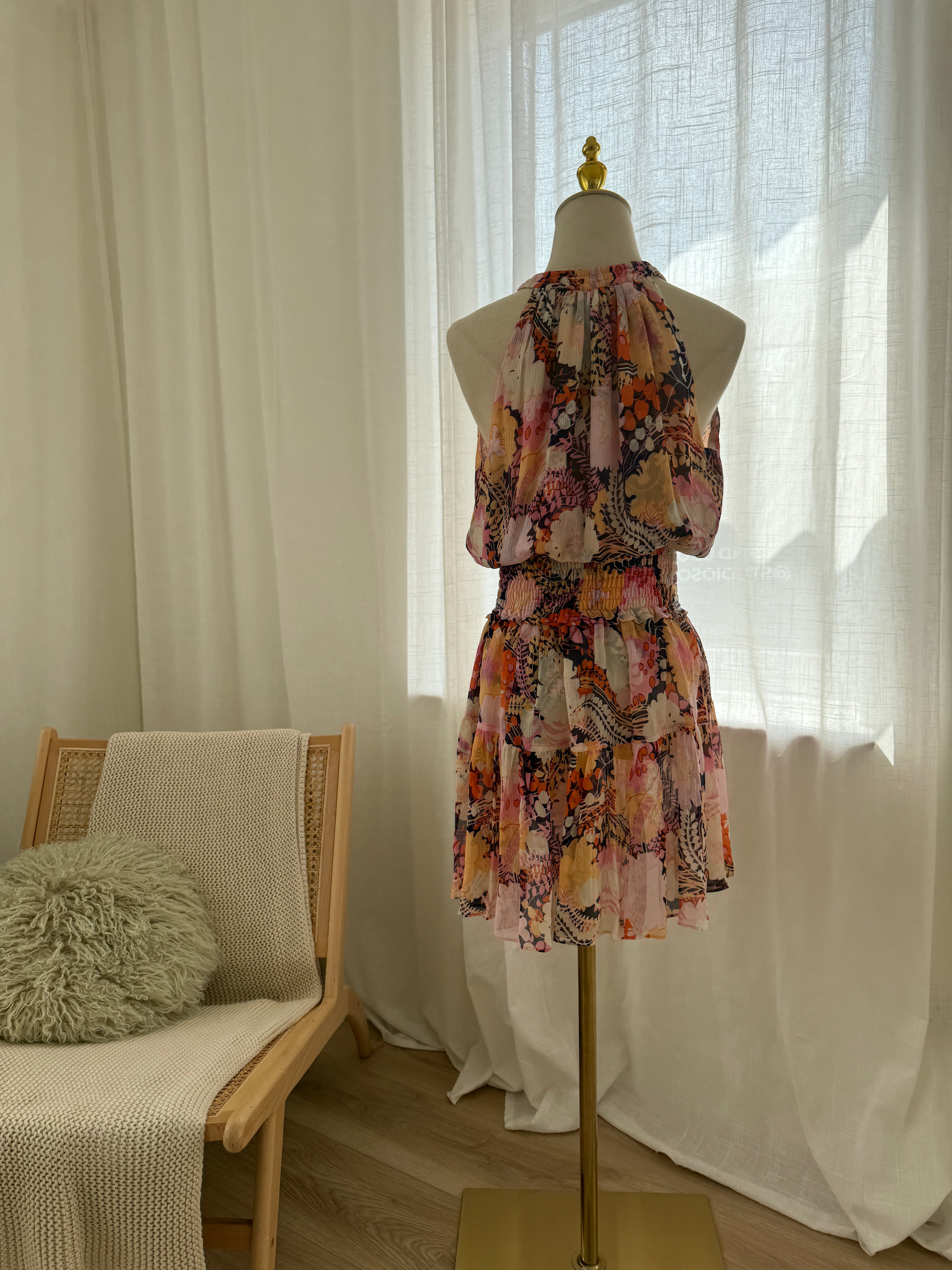 A.L.C. Silk Floral Halterneck Mini Dress with Ruffle Accents – Size M