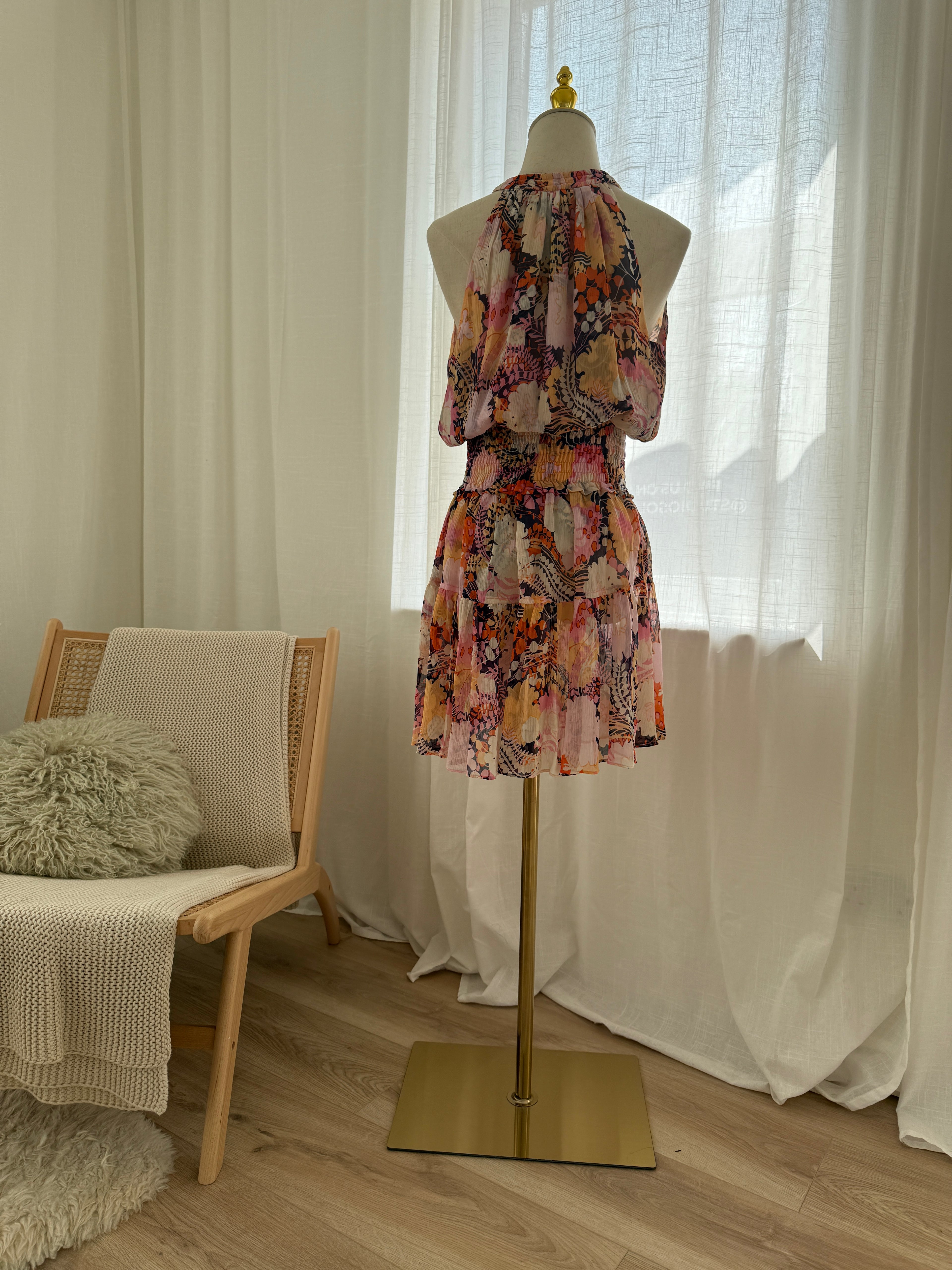 A.L.C. Silk Floral Halterneck Mini Dress with Ruffle Accents – Size M