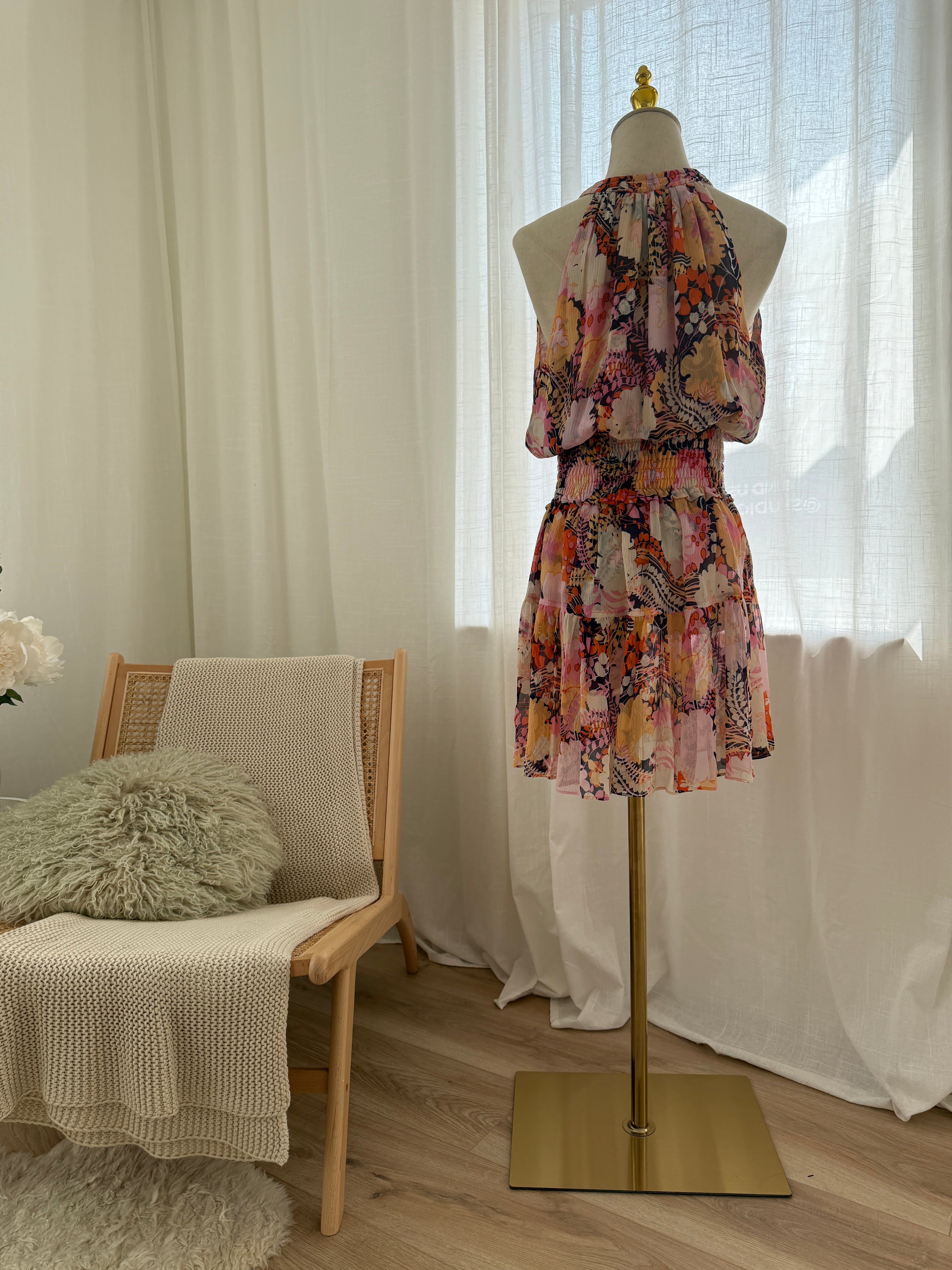A.L.C. Silk Floral Halterneck Mini Dress with Ruffle Accents – Size M