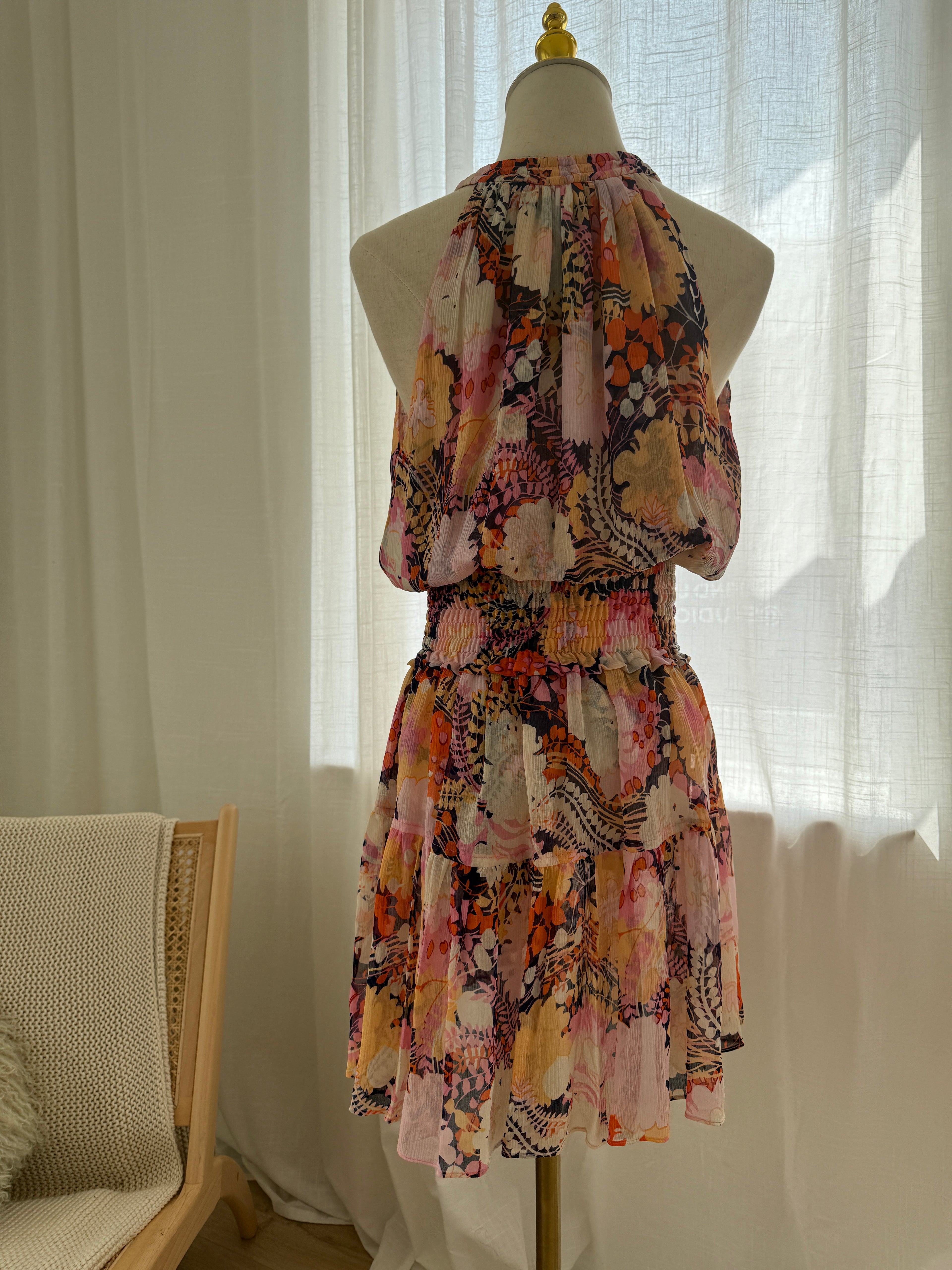 A.L.C. Silk Floral Halterneck Mini Dress with Ruffle Accents – Size M
