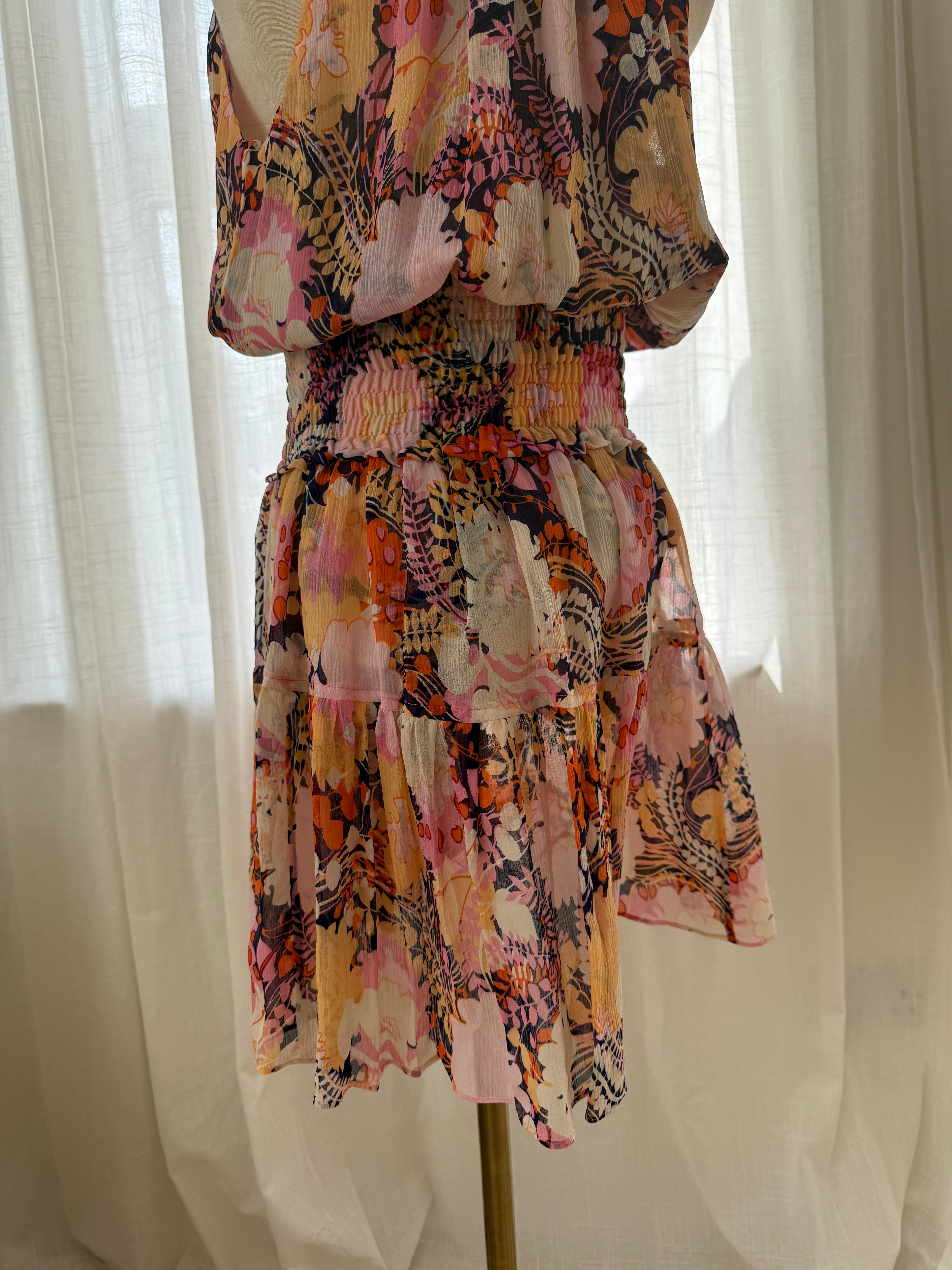 A.L.C. Silk Floral Halterneck Mini Dress with Ruffle Accents – Size M