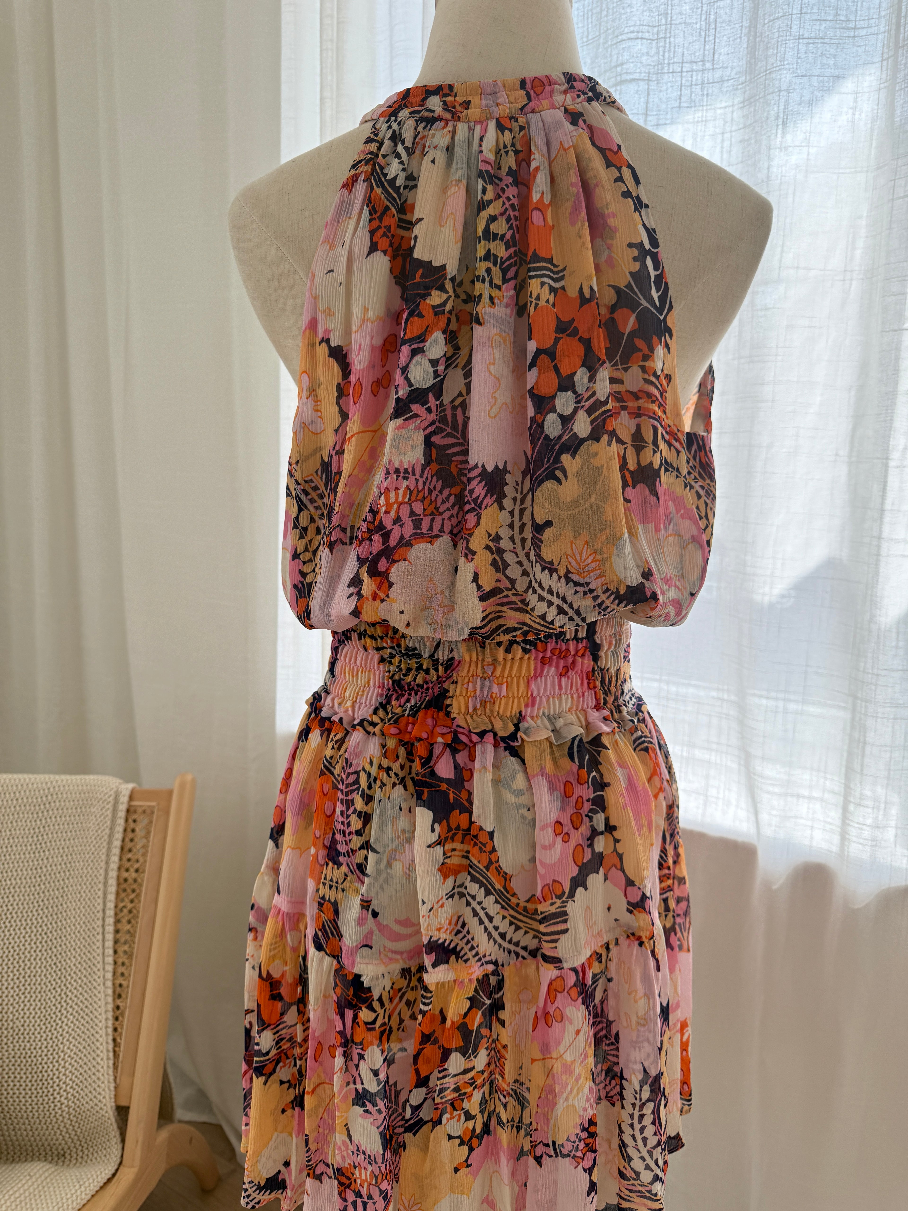 A.L.C. Silk Floral Halterneck Mini Dress with Ruffle Accents – Size M
