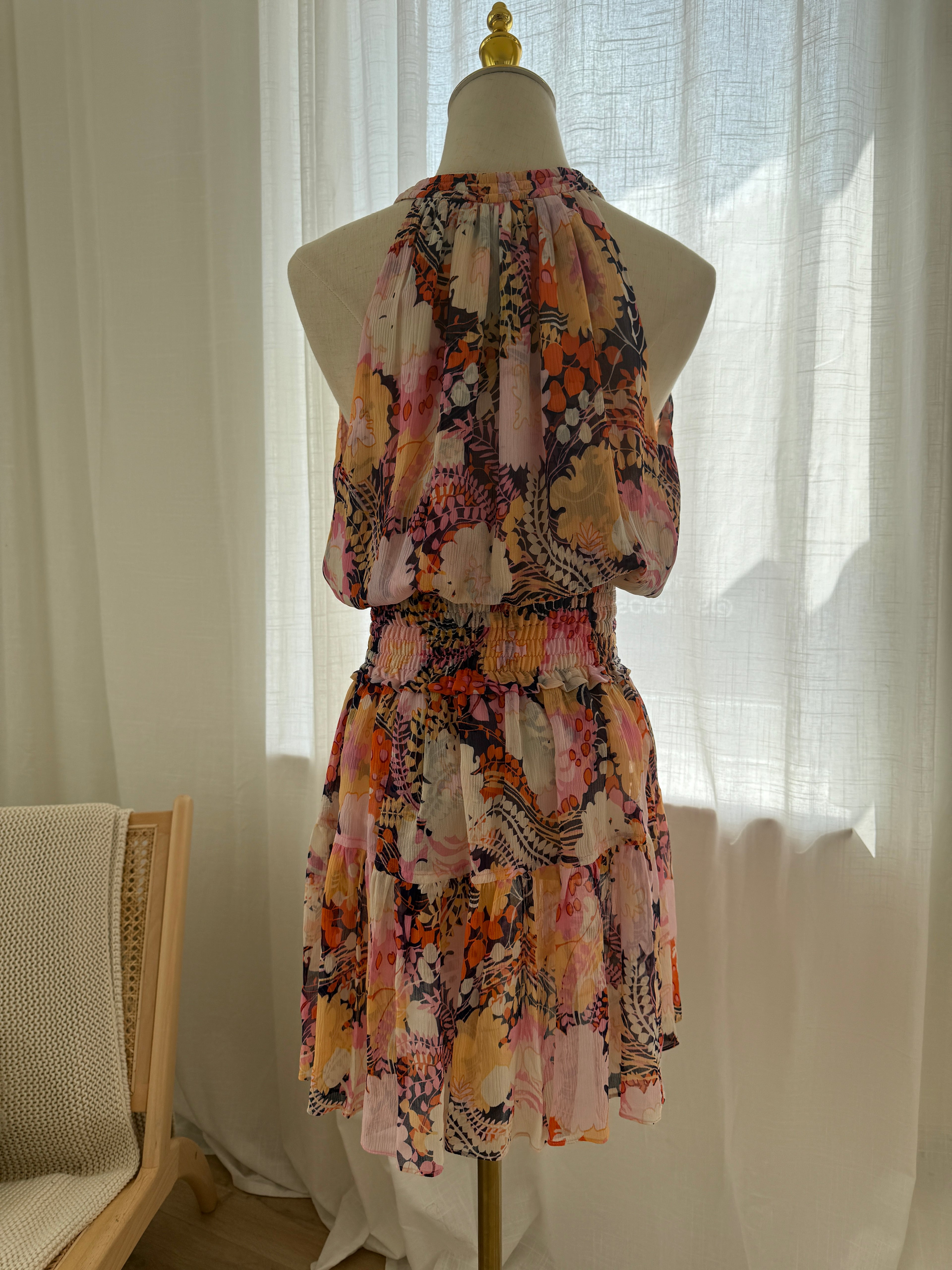 A.L.C. Silk Floral Halterneck Mini Dress with Ruffle Accents – Size M