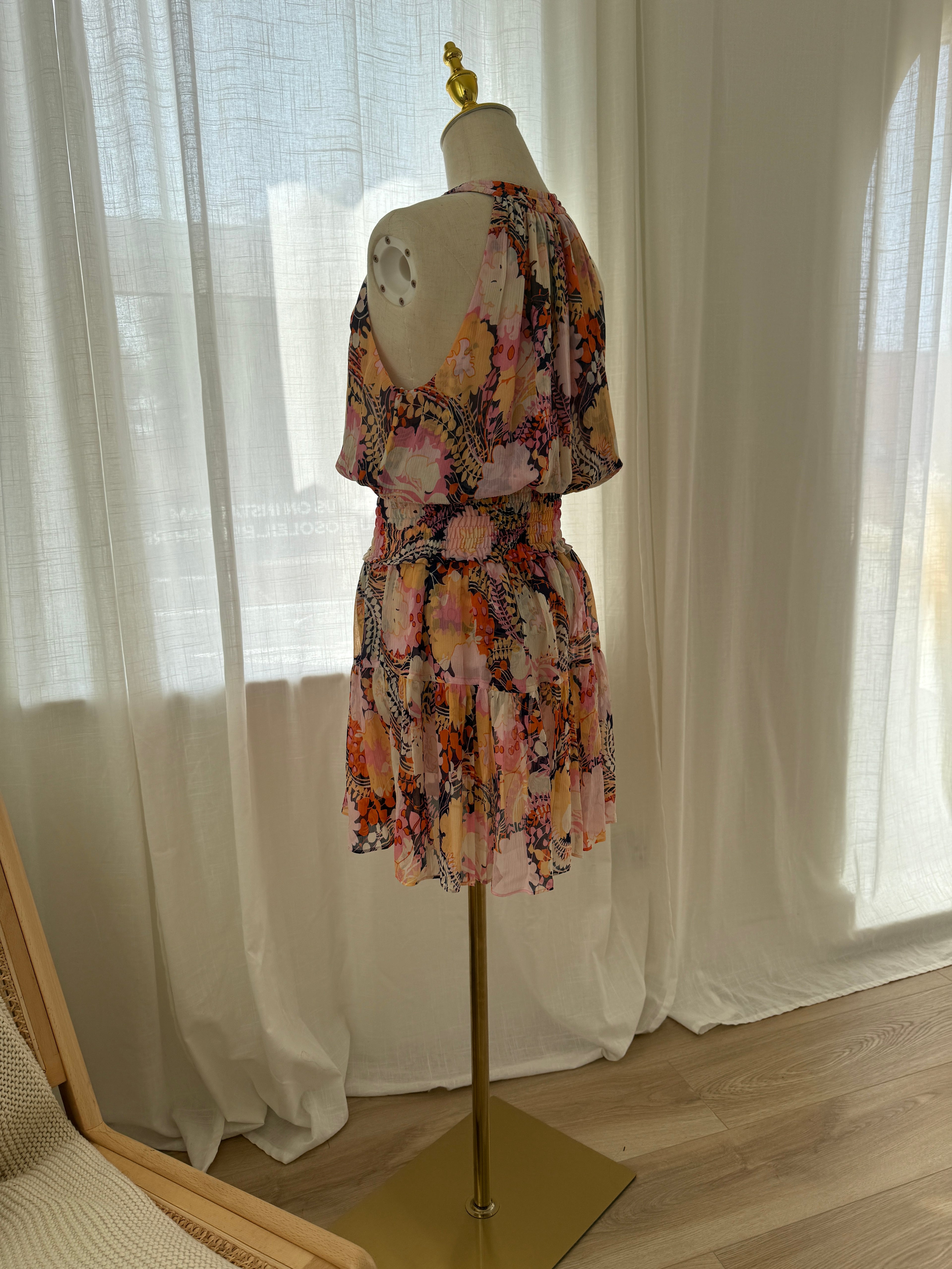 A.L.C. Silk Floral Halterneck Mini Dress with Ruffle Accents – Size M