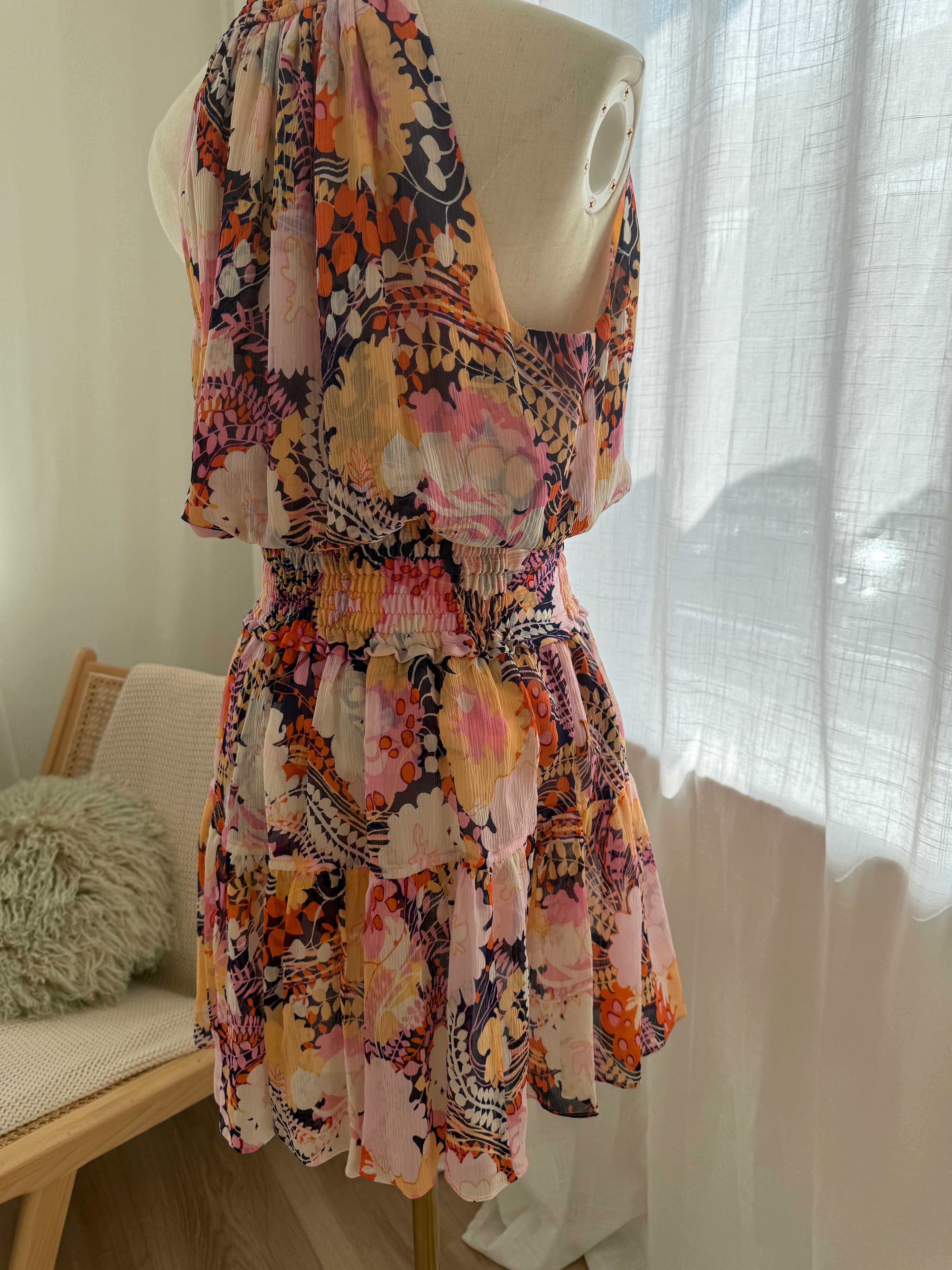 A.L.C. Silk Floral Halterneck Mini Dress with Ruffle Accents – Size M