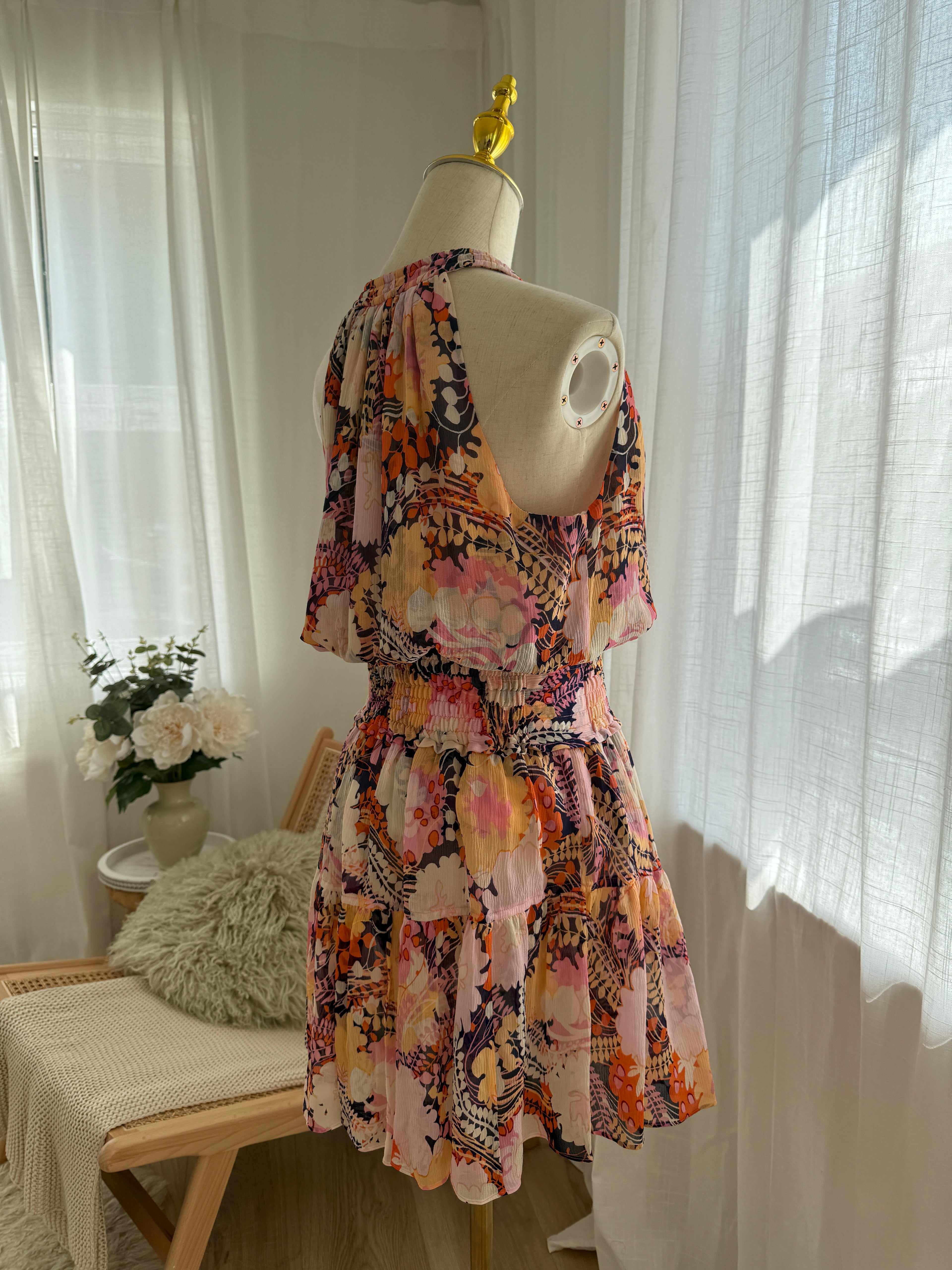 A.L.C. Silk Floral Halterneck Mini Dress with Ruffle Accents – Size M