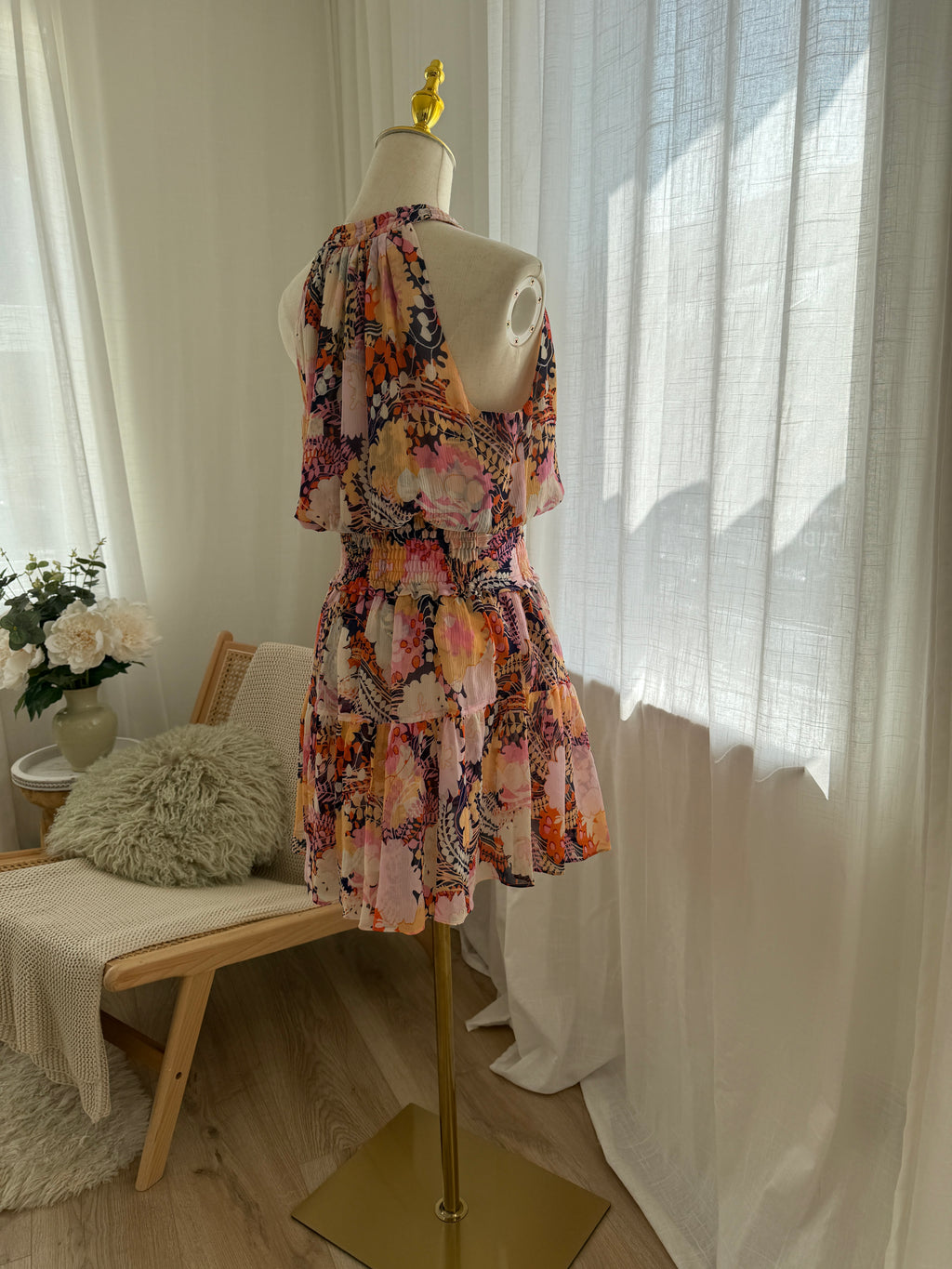 A.L.C. Silk Floral Halterneck Mini Dress with Ruffle Accents – Size M