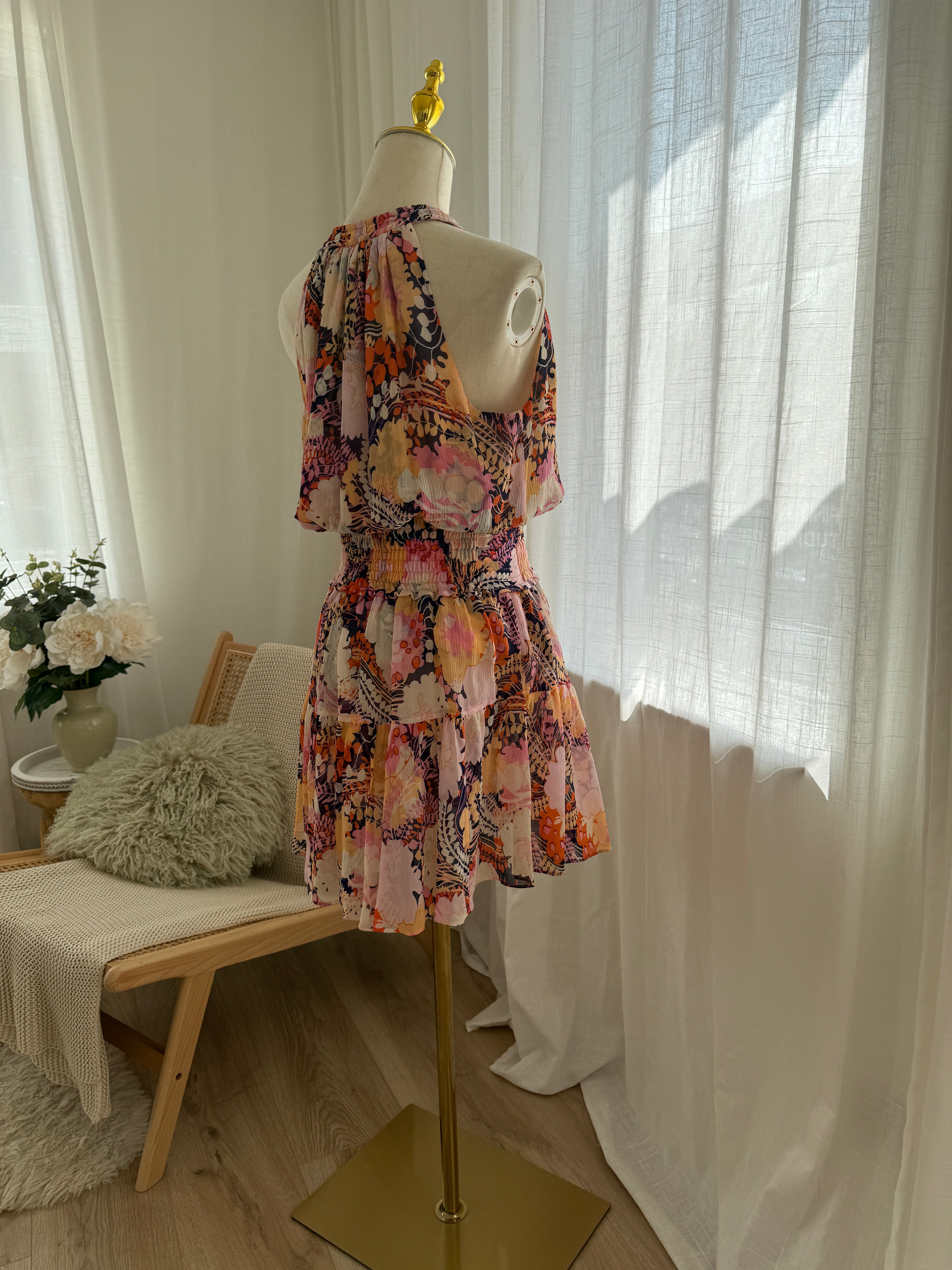A.L.C. Silk Floral Halterneck Mini Dress with Ruffle Accents – Size M