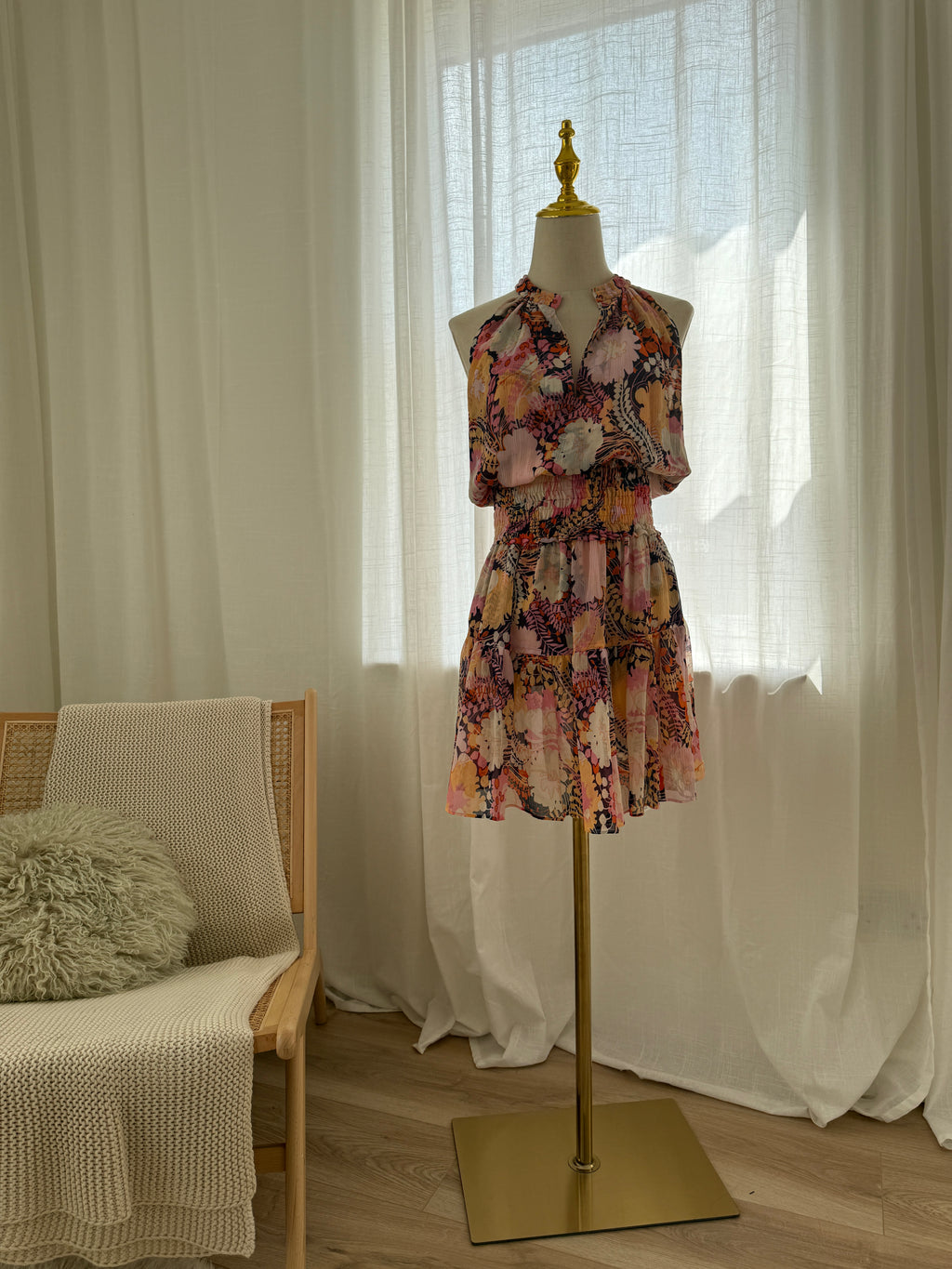 A.L.C. Silk Floral Halterneck Mini Dress with Ruffle Accents – Size M