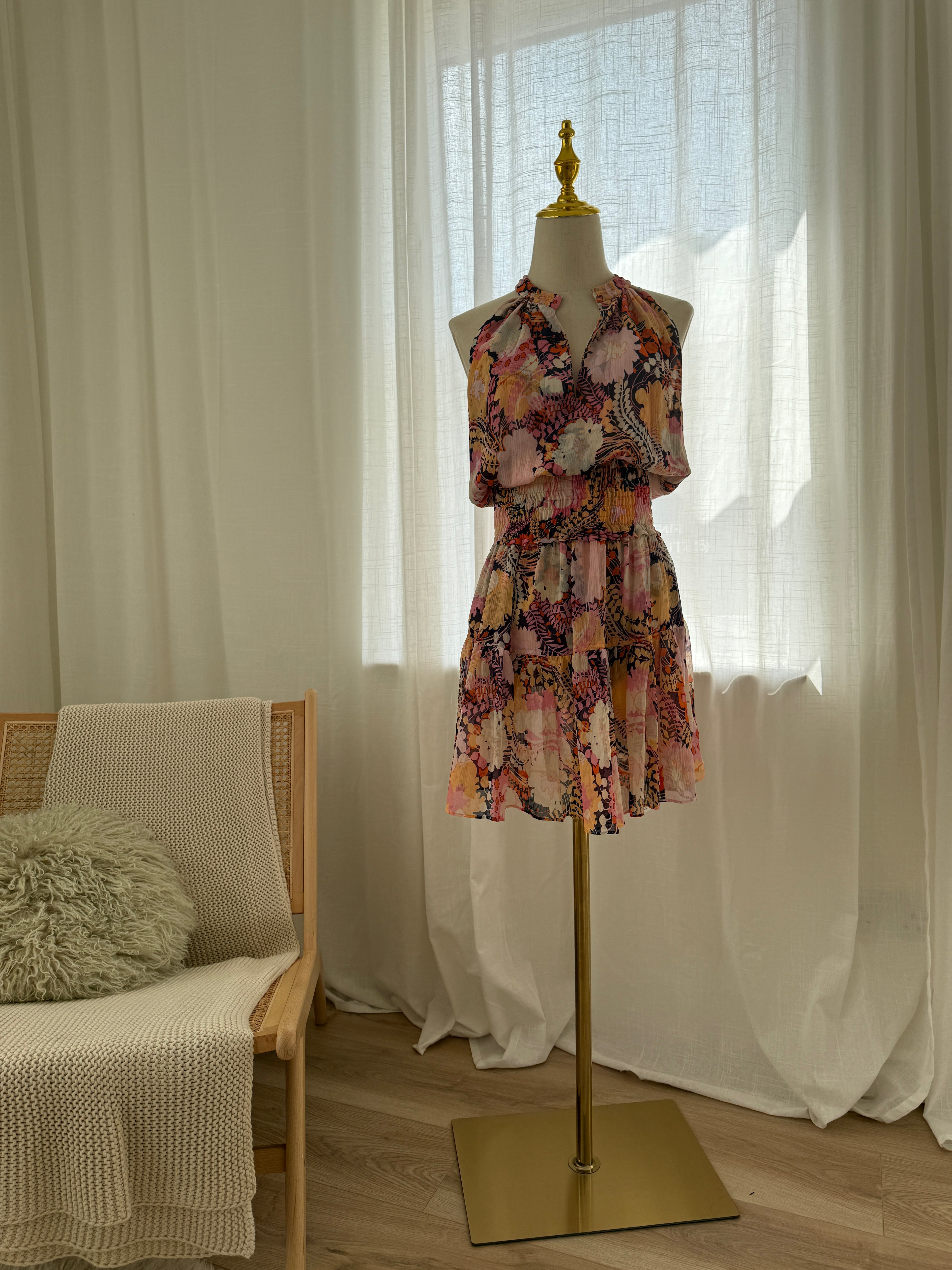 A.L.C. Silk Floral Halterneck Mini Dress with Ruffle Accents – Size M