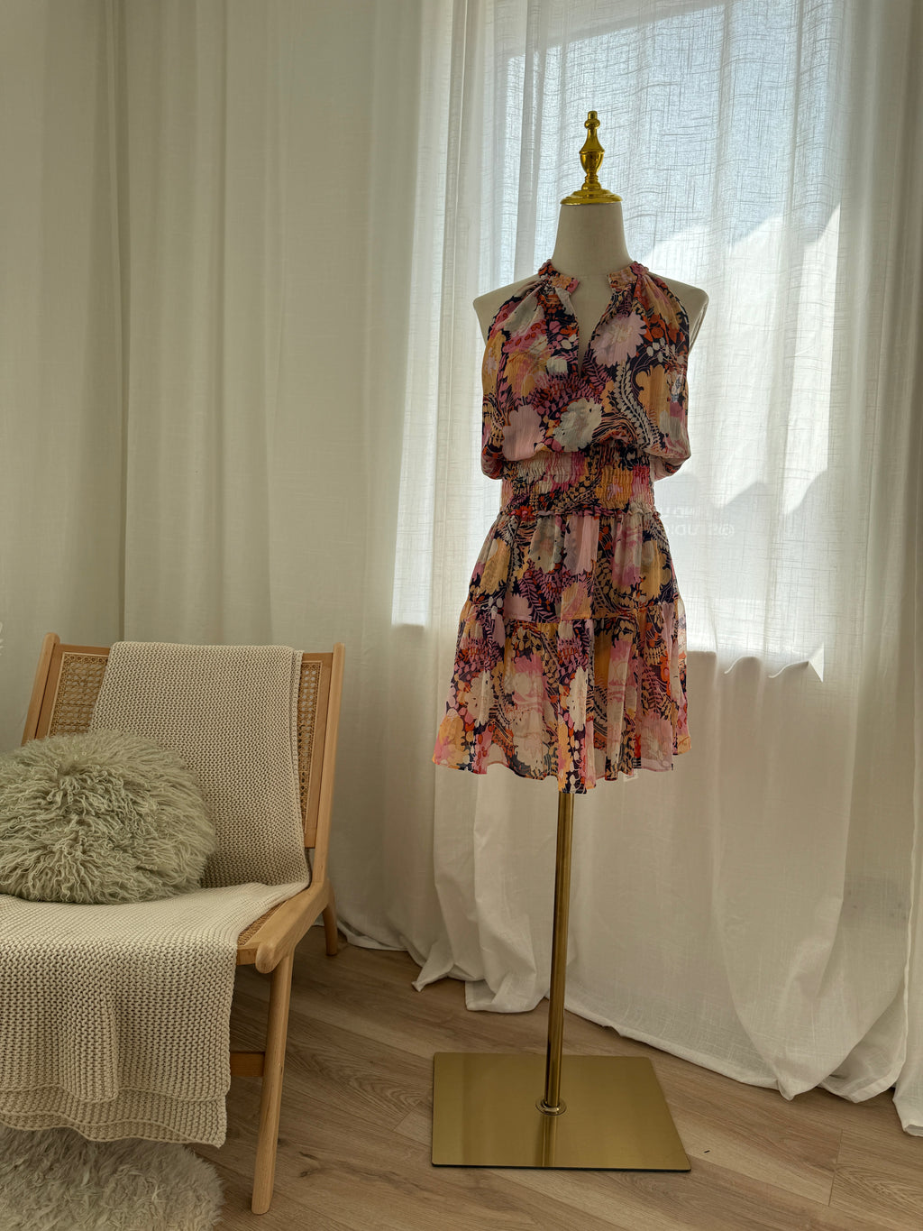 A.L.C. Silk Floral Halterneck Mini Dress with Ruffle Accents – Size M