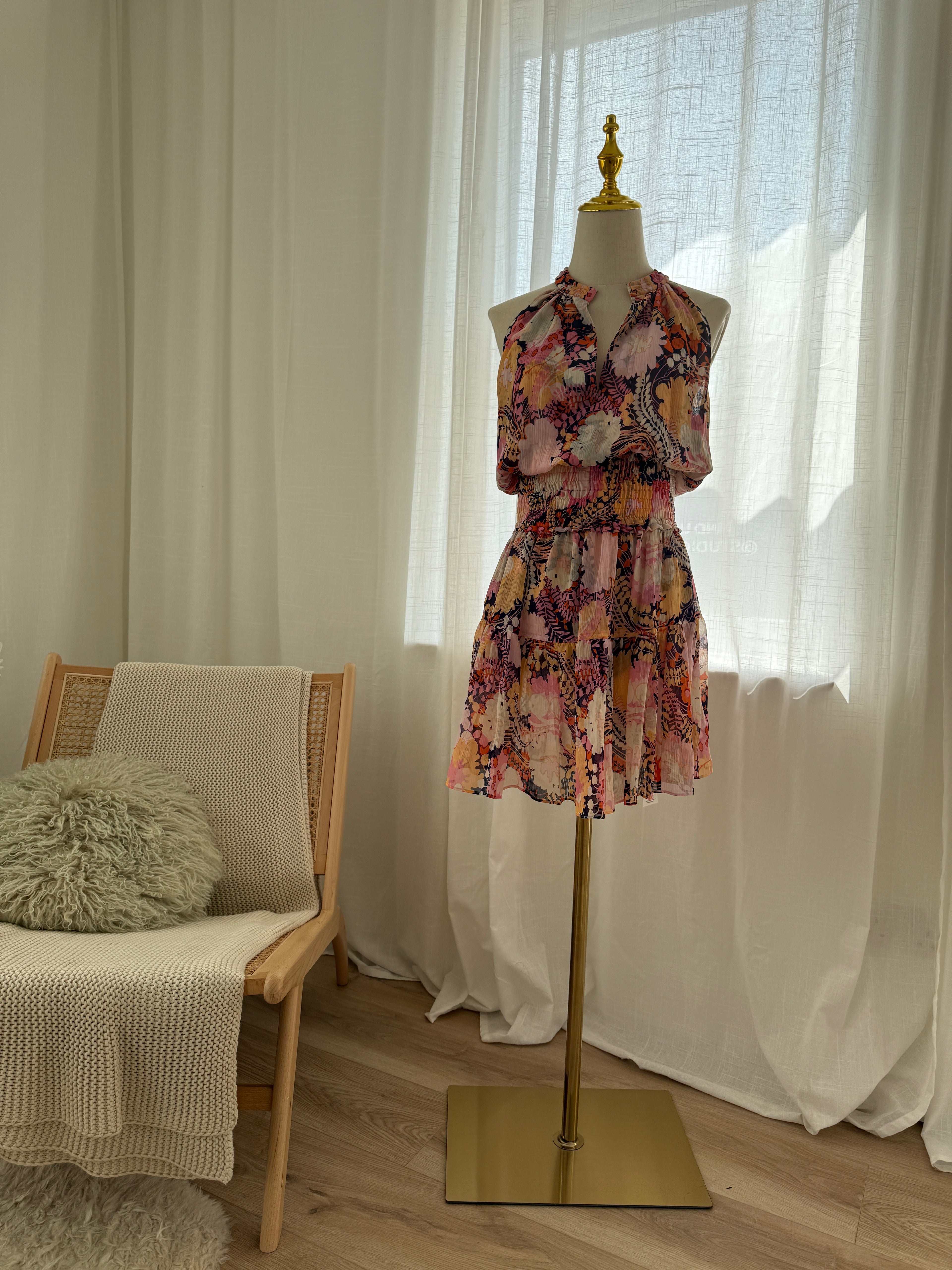 A.L.C. Silk Floral Halterneck Mini Dress with Ruffle Accents – Size M