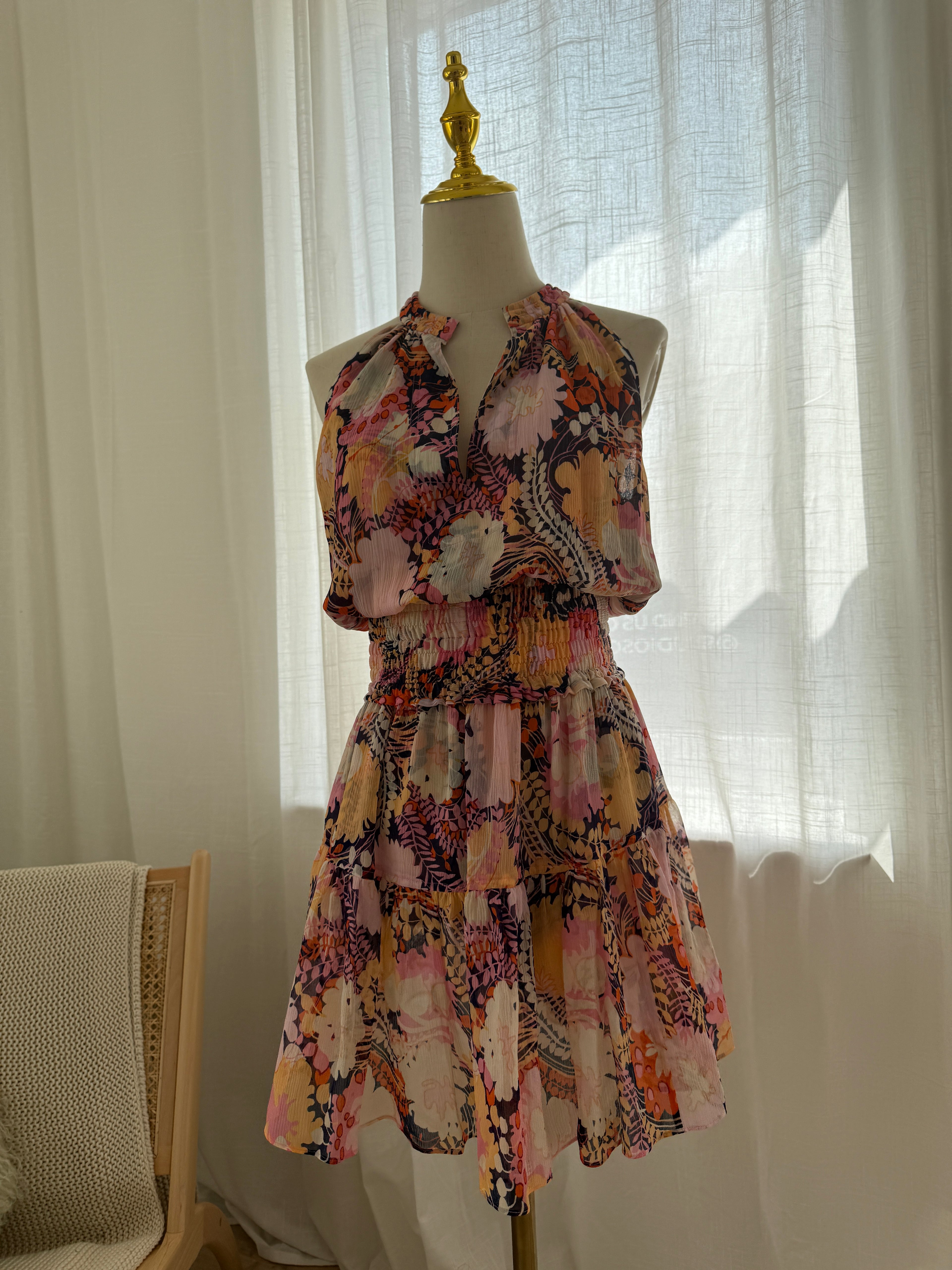 A.L.C. Silk Floral Halterneck Mini Dress with Ruffle Accents – Size M