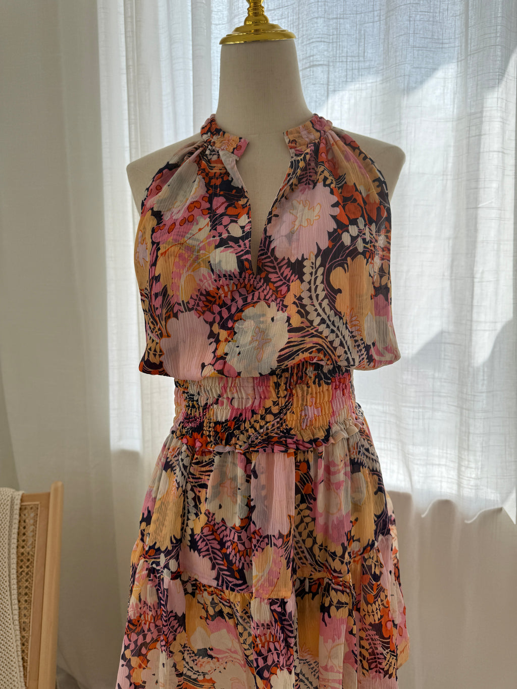 A.L.C. Silk Floral Halterneck Mini Dress with Ruffle Accents – Size M