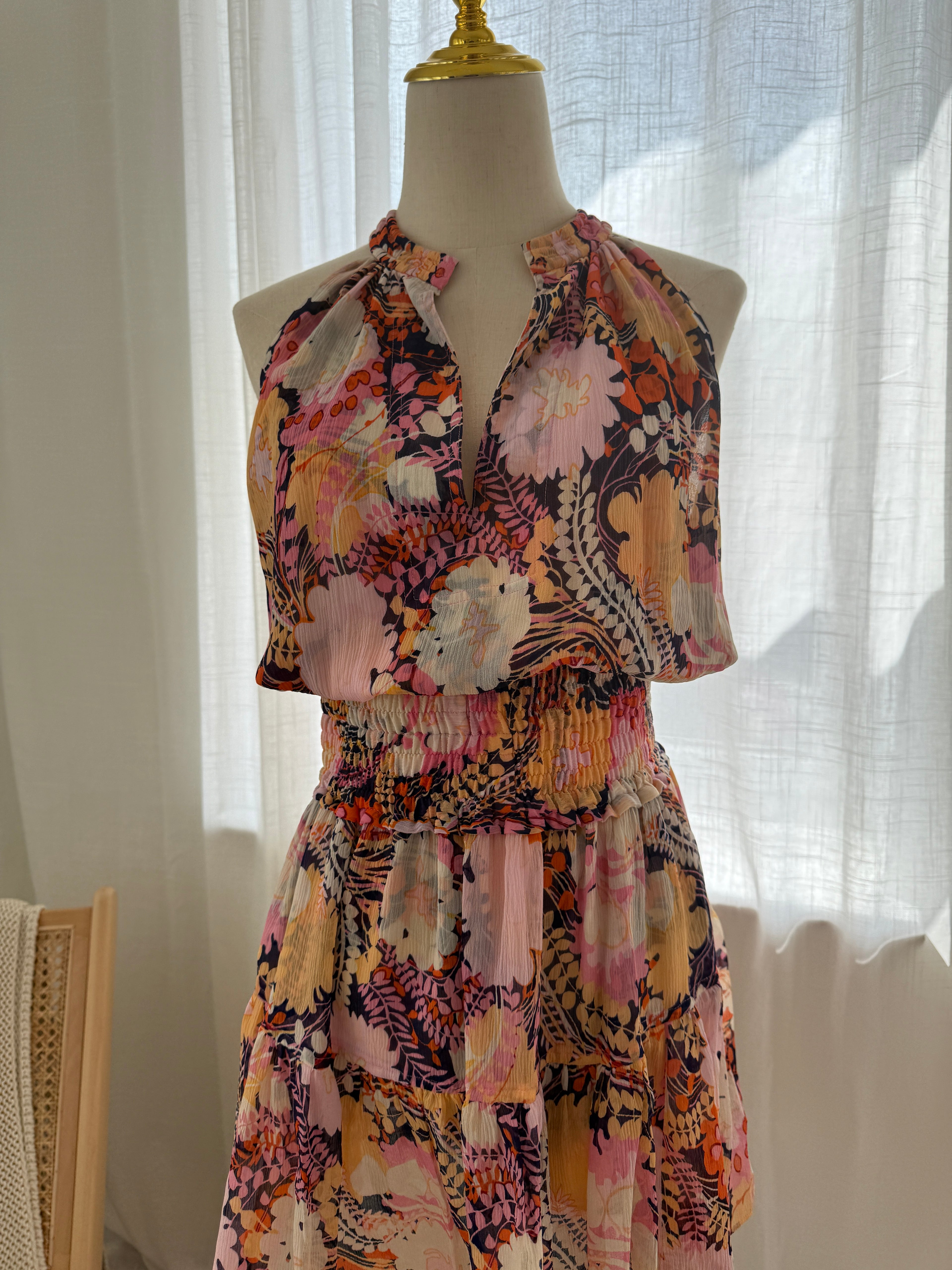 A.L.C. Silk Floral Halterneck Mini Dress with Ruffle Accents – Size M