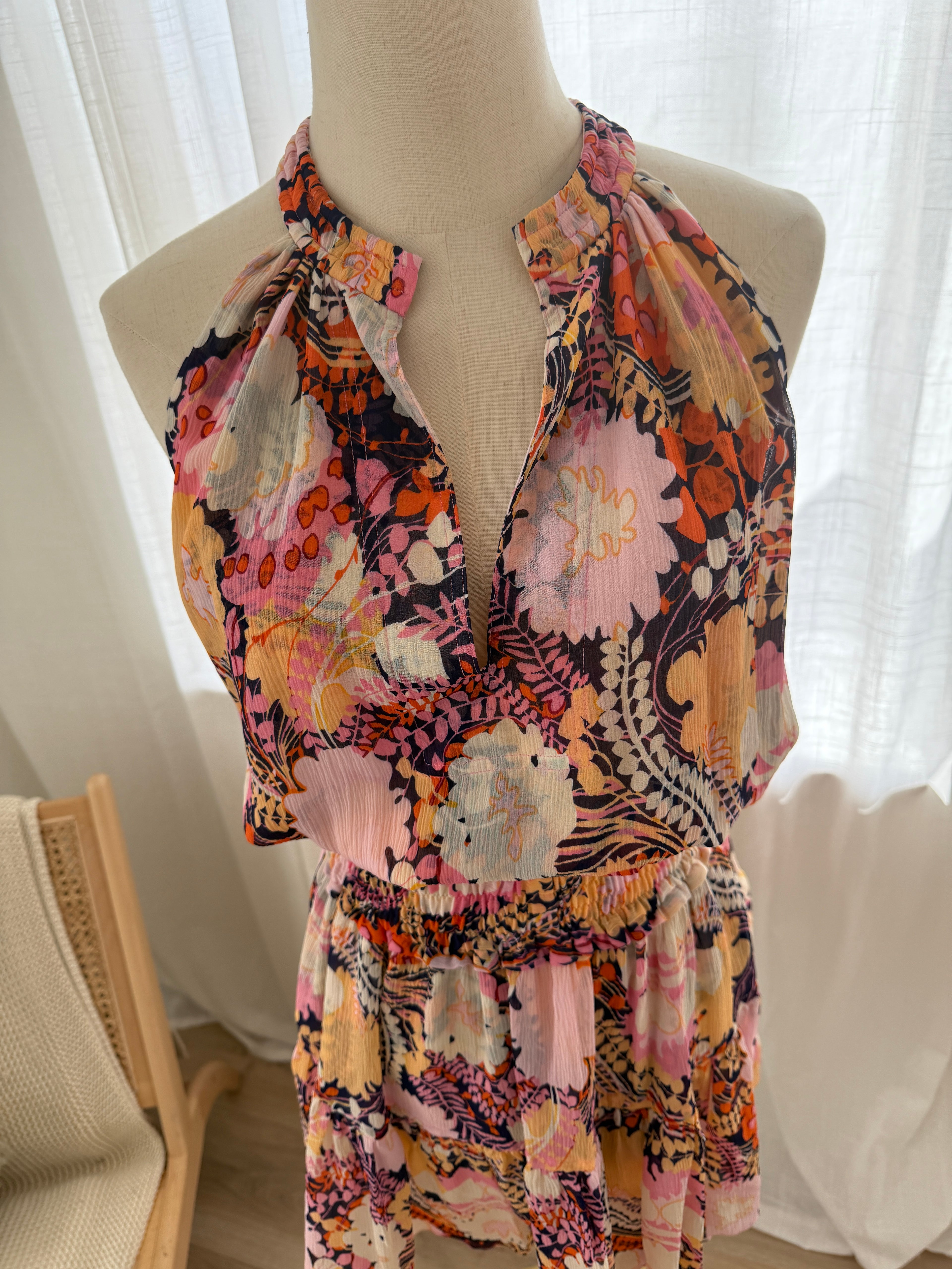 A.L.C. Silk Floral Halterneck Mini Dress with Ruffle Accents – Size M
