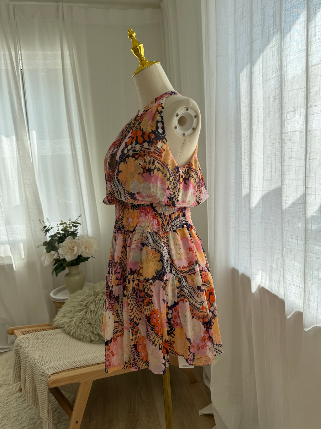 A.L.C. Silk Floral Halterneck Mini Dress with Ruffle Accents – Size M