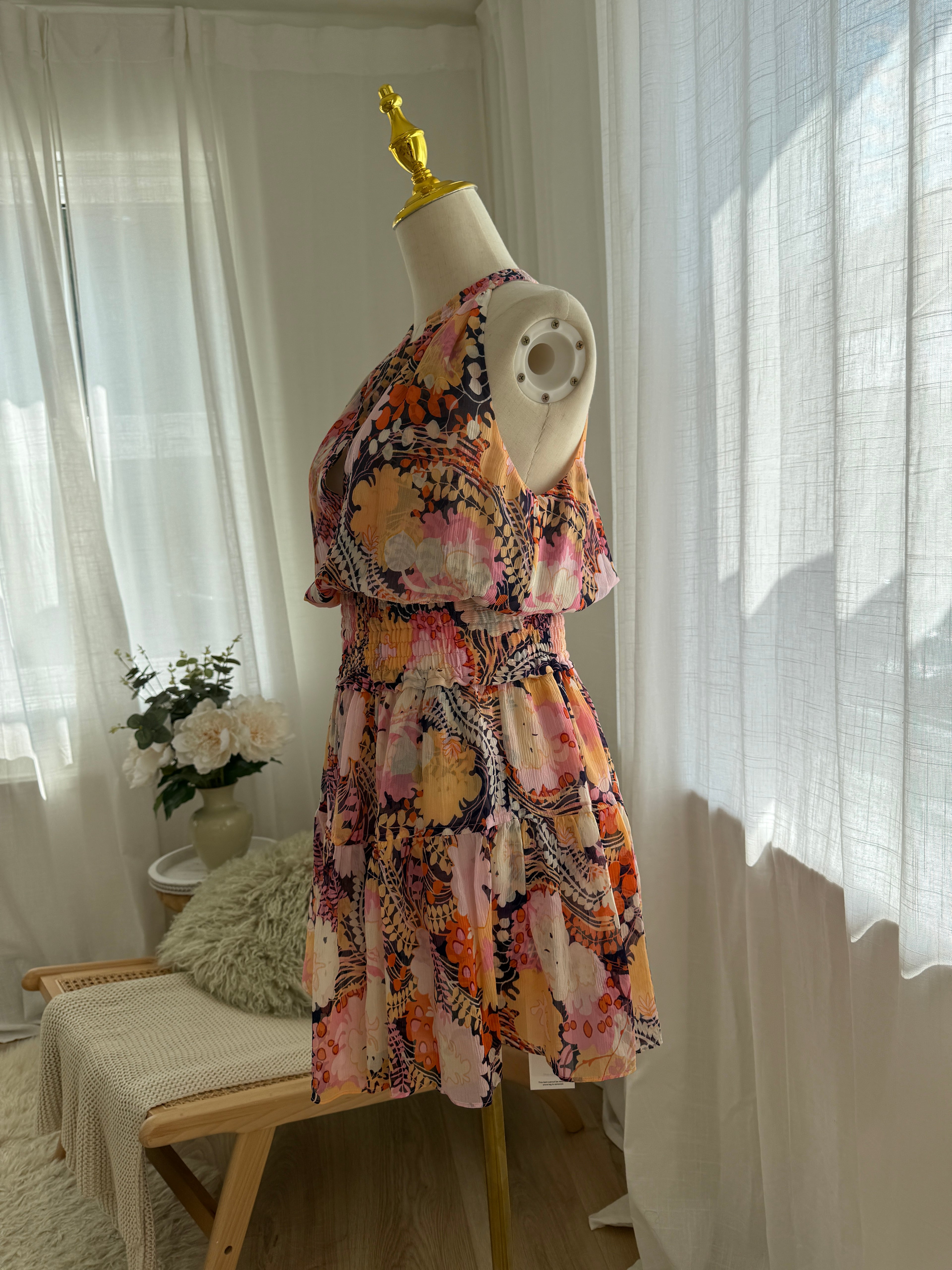 A.L.C. Silk Floral Halterneck Mini Dress with Ruffle Accents – Size M