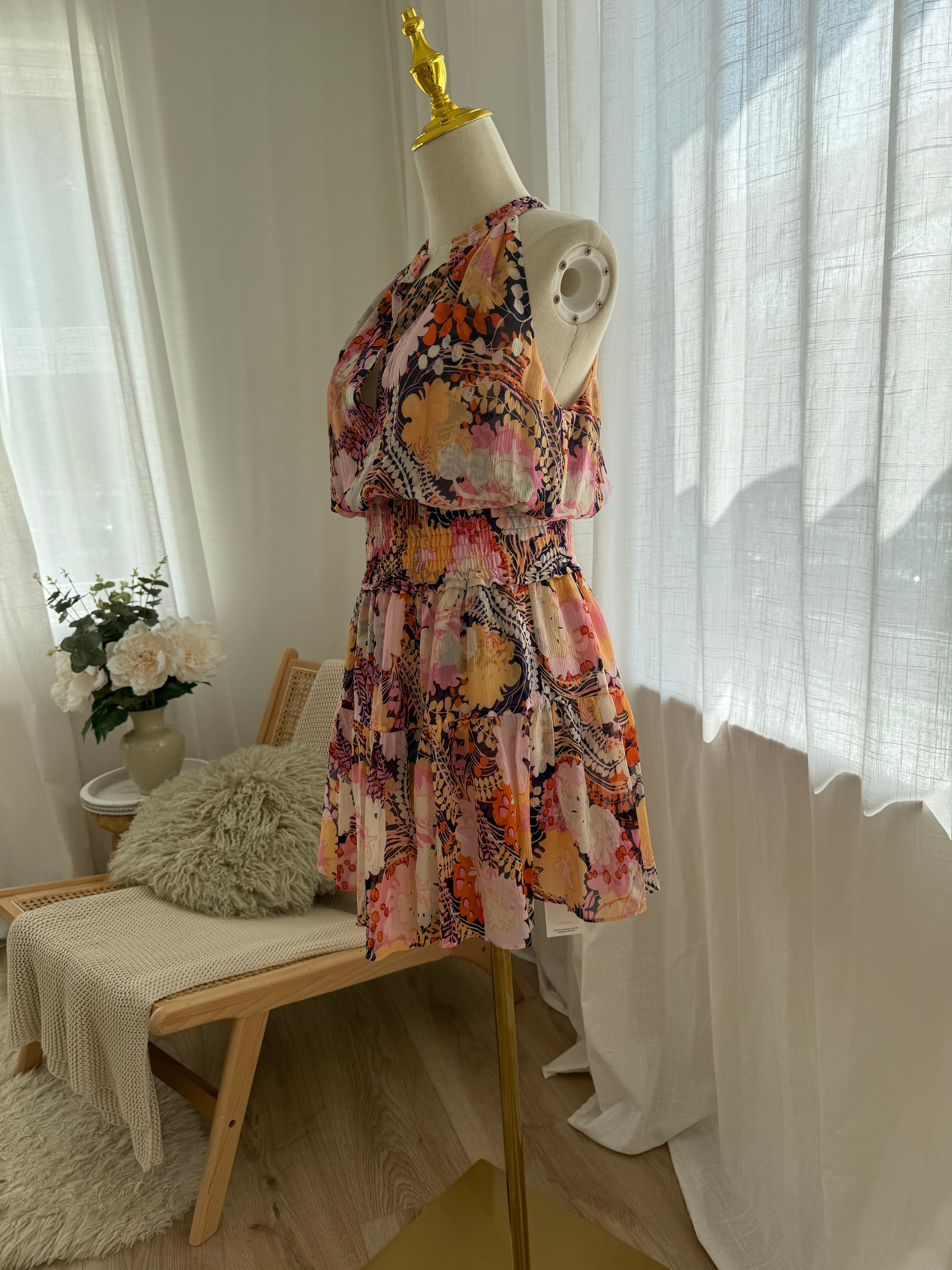 A.L.C. Silk Floral Halterneck Mini Dress with Ruffle Accents – Size M