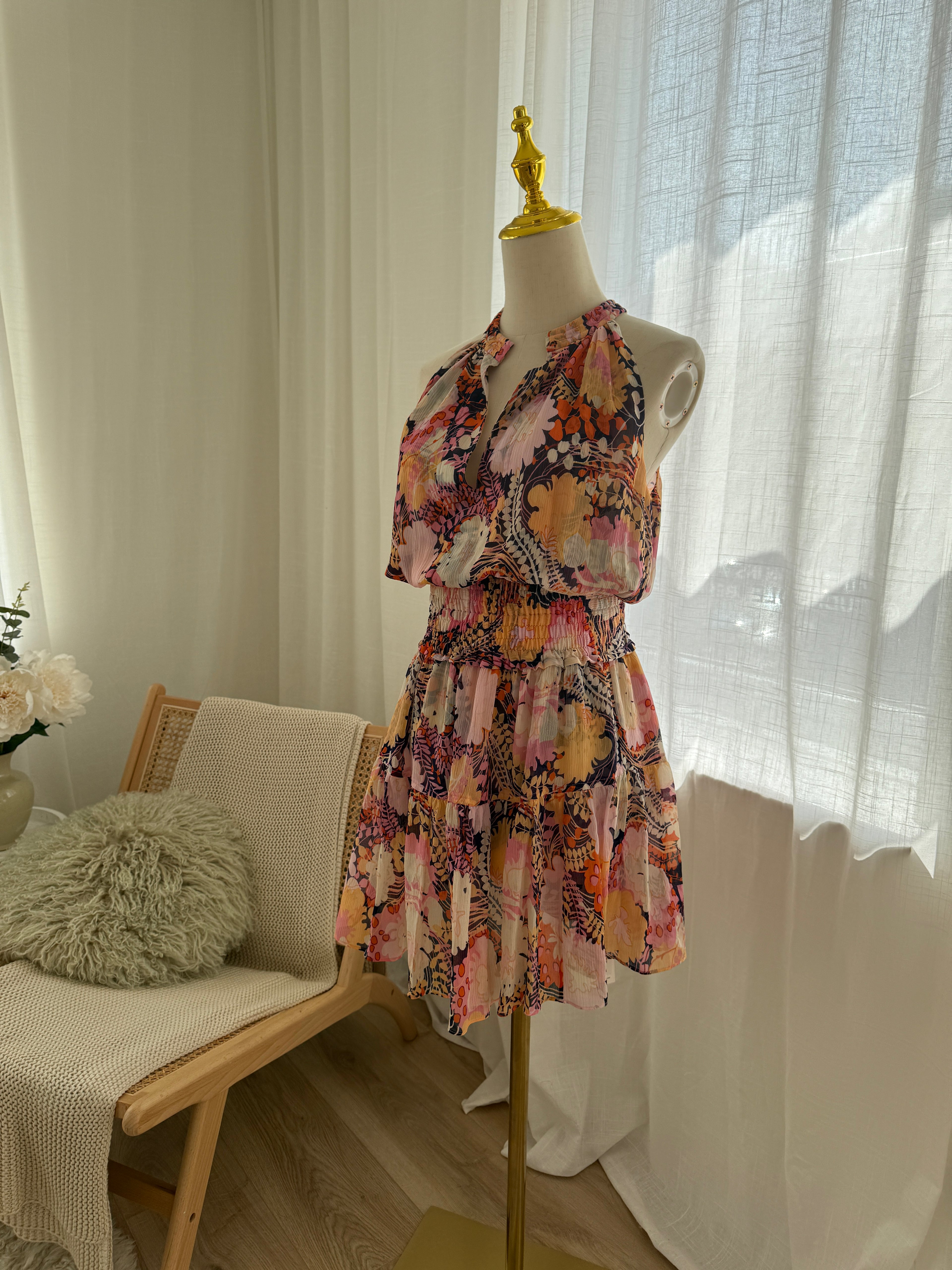 A.L.C. Silk Floral Halterneck Mini Dress with Ruffle Accents – Size M