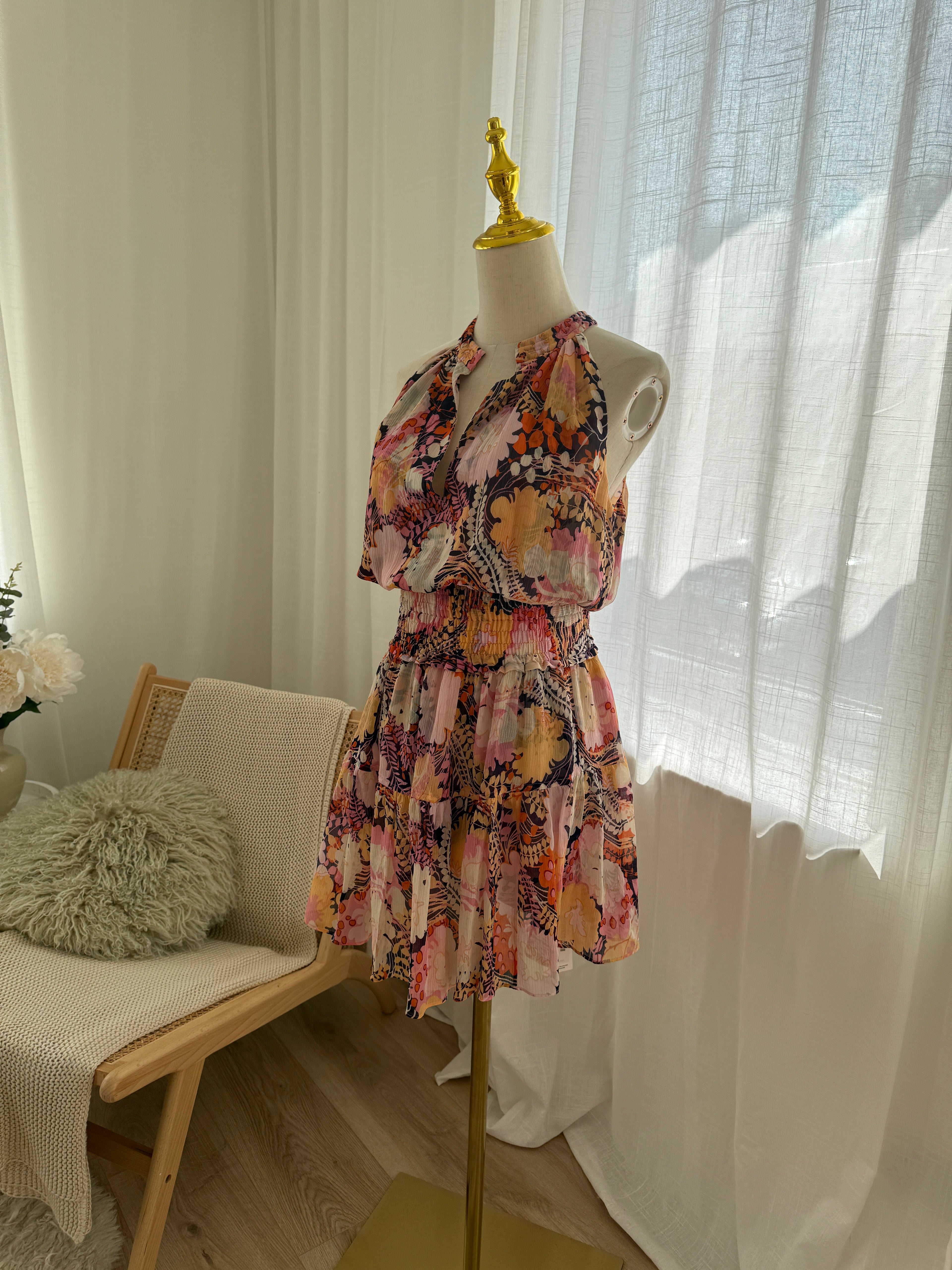 A.L.C. Silk Floral Halterneck Mini Dress with Ruffle Accents – Size M